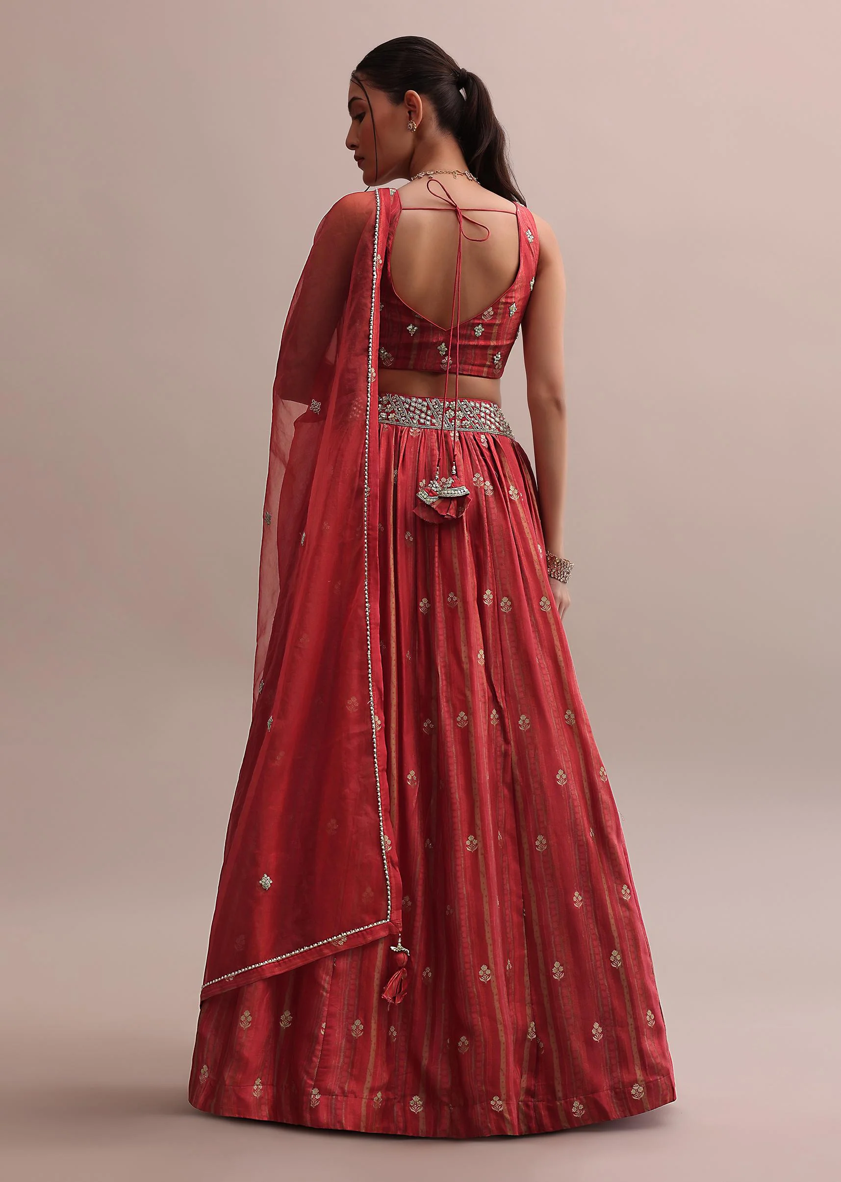 Crimson Red Zardosi Embroidered Choli Lehenga Set With A Net Dupatta - Image 2