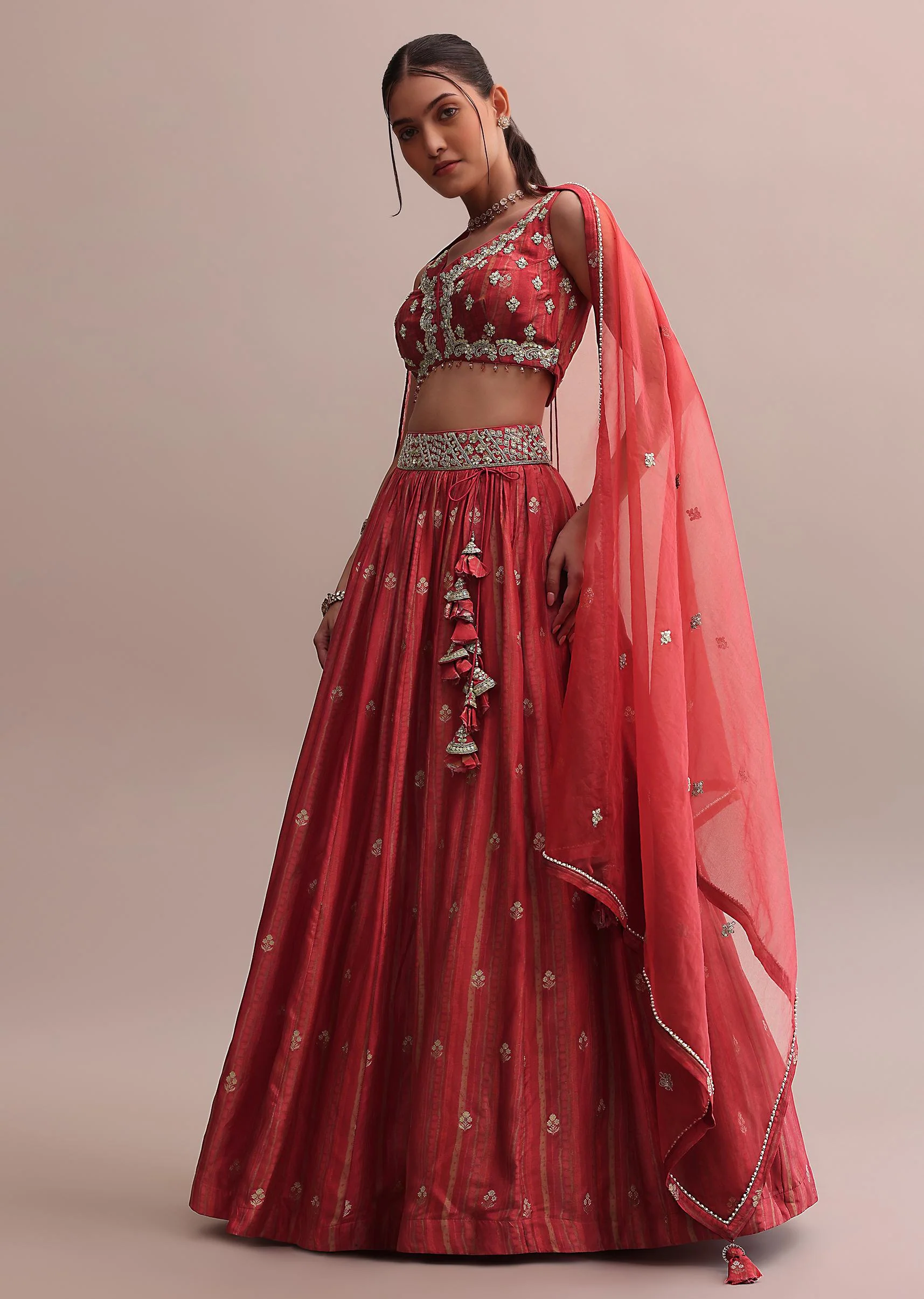 Crimson Red Zardosi Embroidered Choli Lehenga Set With A Net Dupatta - Image 3