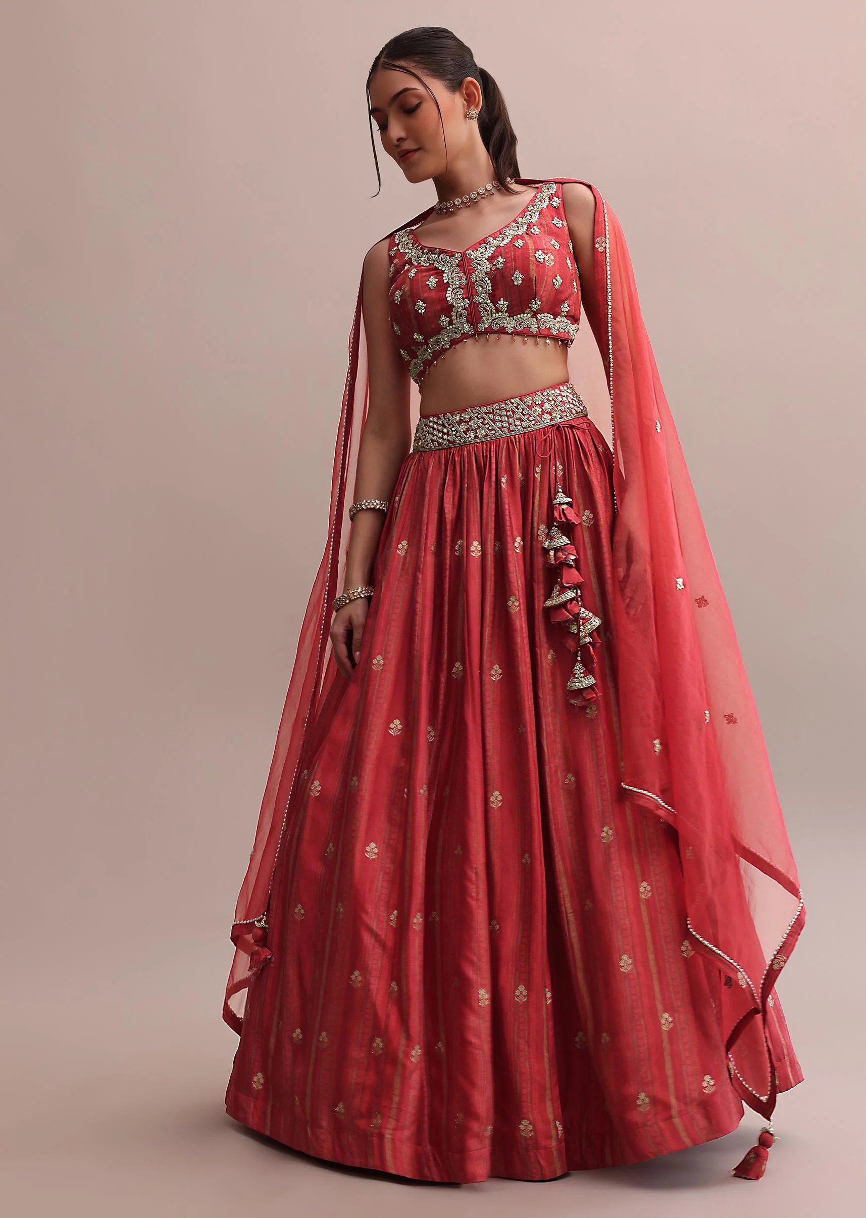Crimson Red Zardosi Embroidered Choli Lehenga Set With A Net Dupatta - Image 6