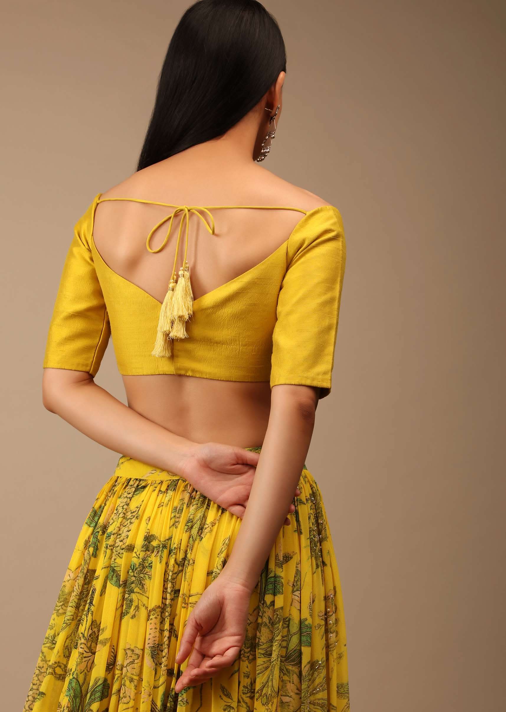 Dandelion Yellow Blouse In Raw Silk With Off Shoulder Half Sleeves And Sweetheart Neckline - Image 2