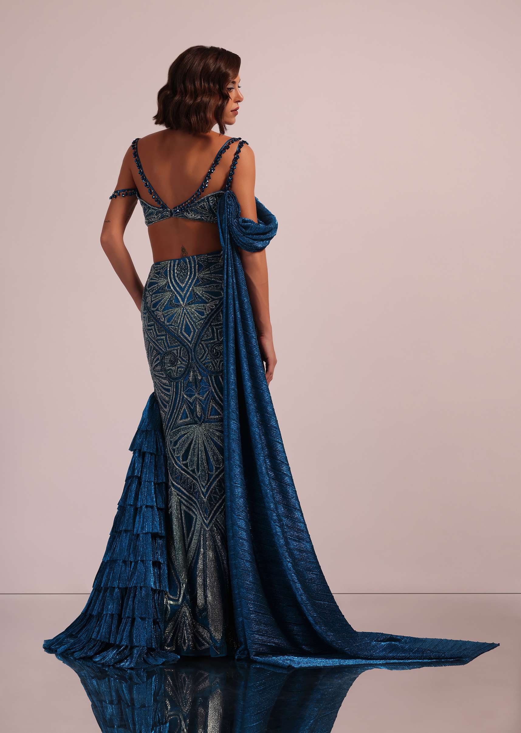 Dark Blue Fish Cut Bridal Lehenga Set In Net With Attached Cape - Image 3