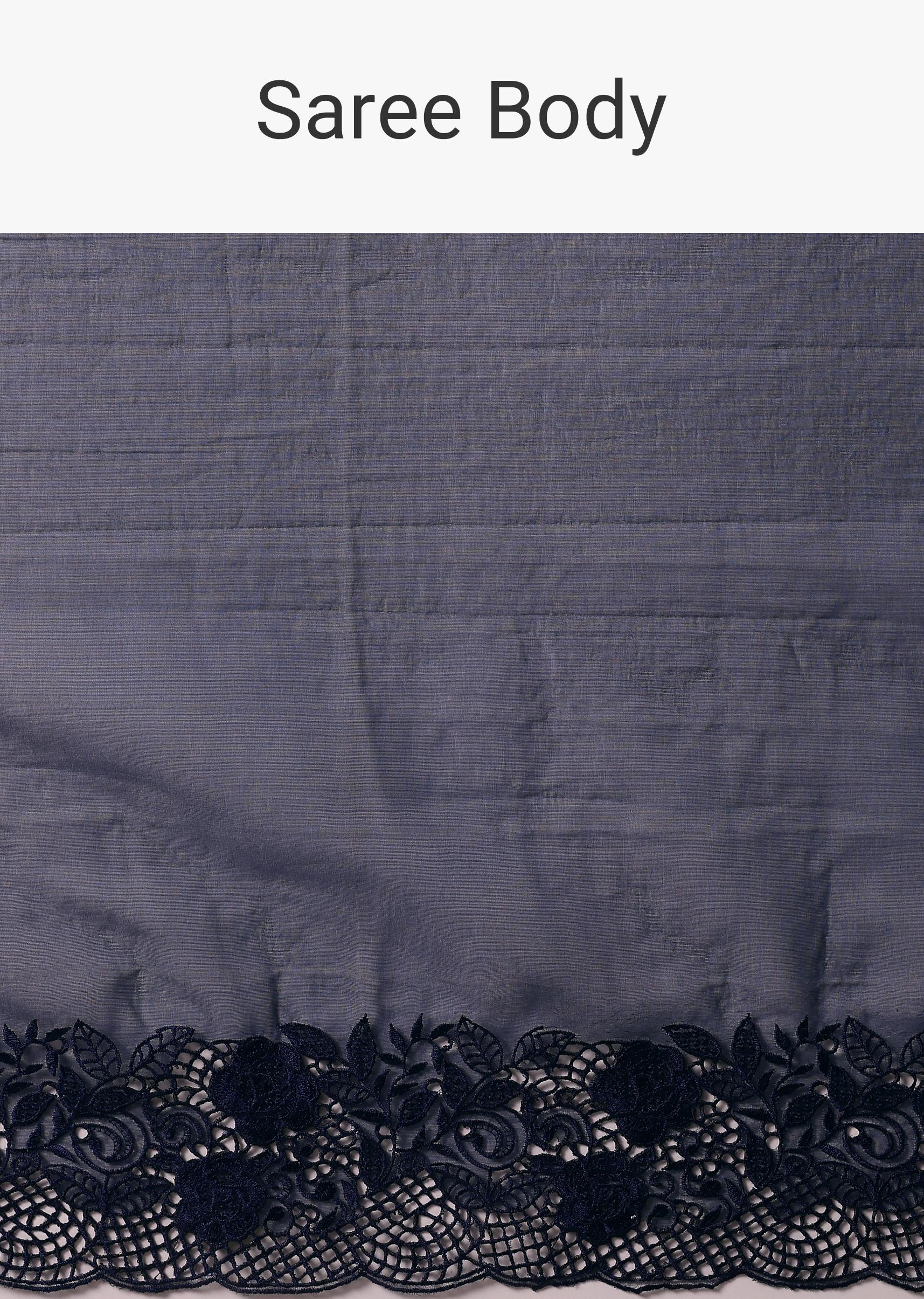 Dark Blue Organza Embroidered Saree With Unstitched Blouse - Image 10