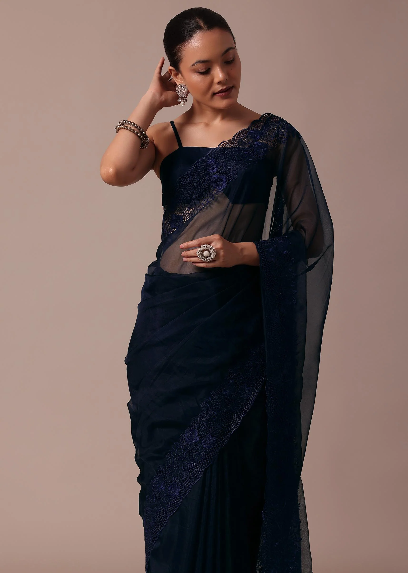 Dark Blue Organza Embroidered Saree With Unstitched Blouse - Image 4