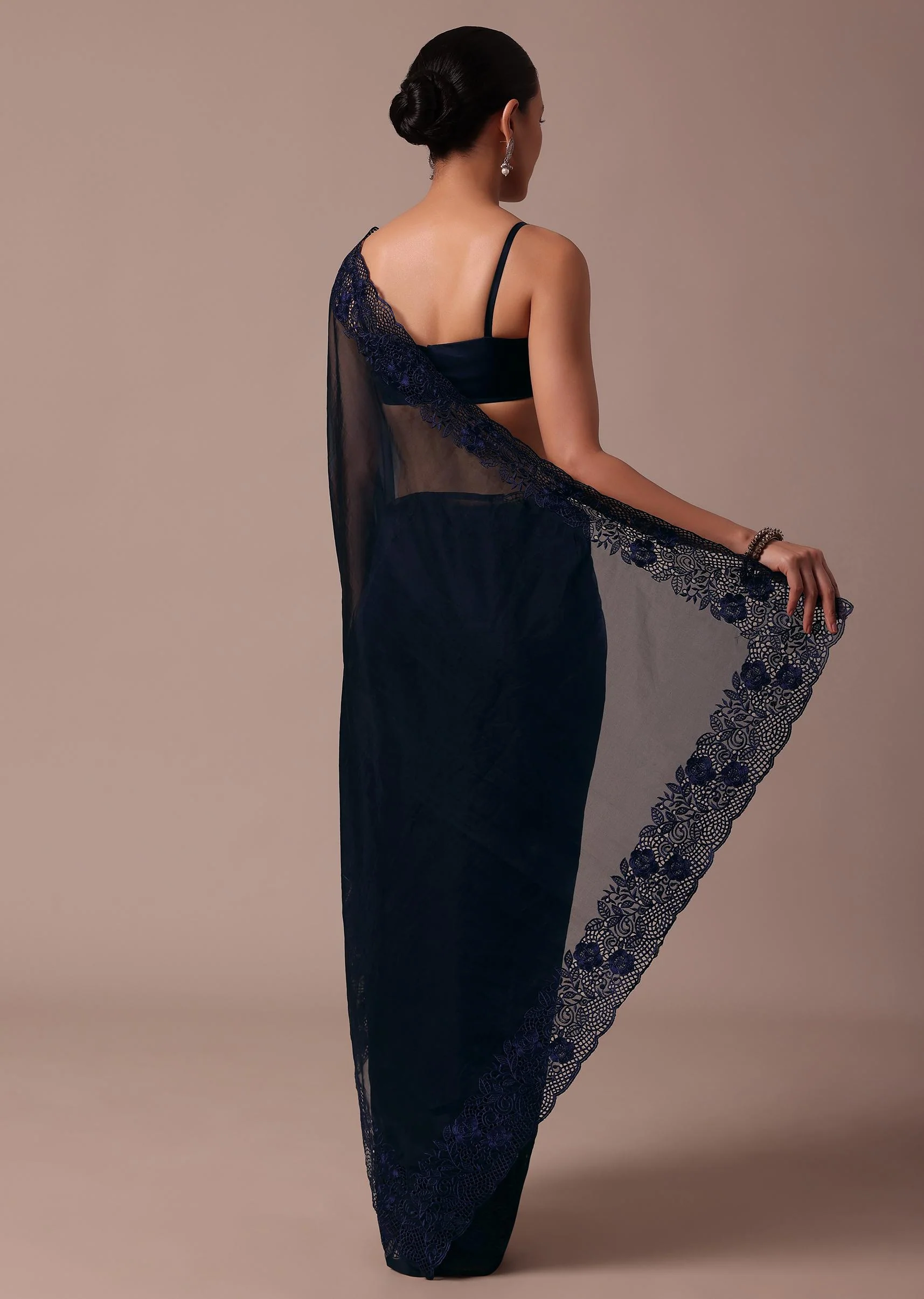 Dark Blue Organza Embroidered Saree With Unstitched Blouse - Image 5