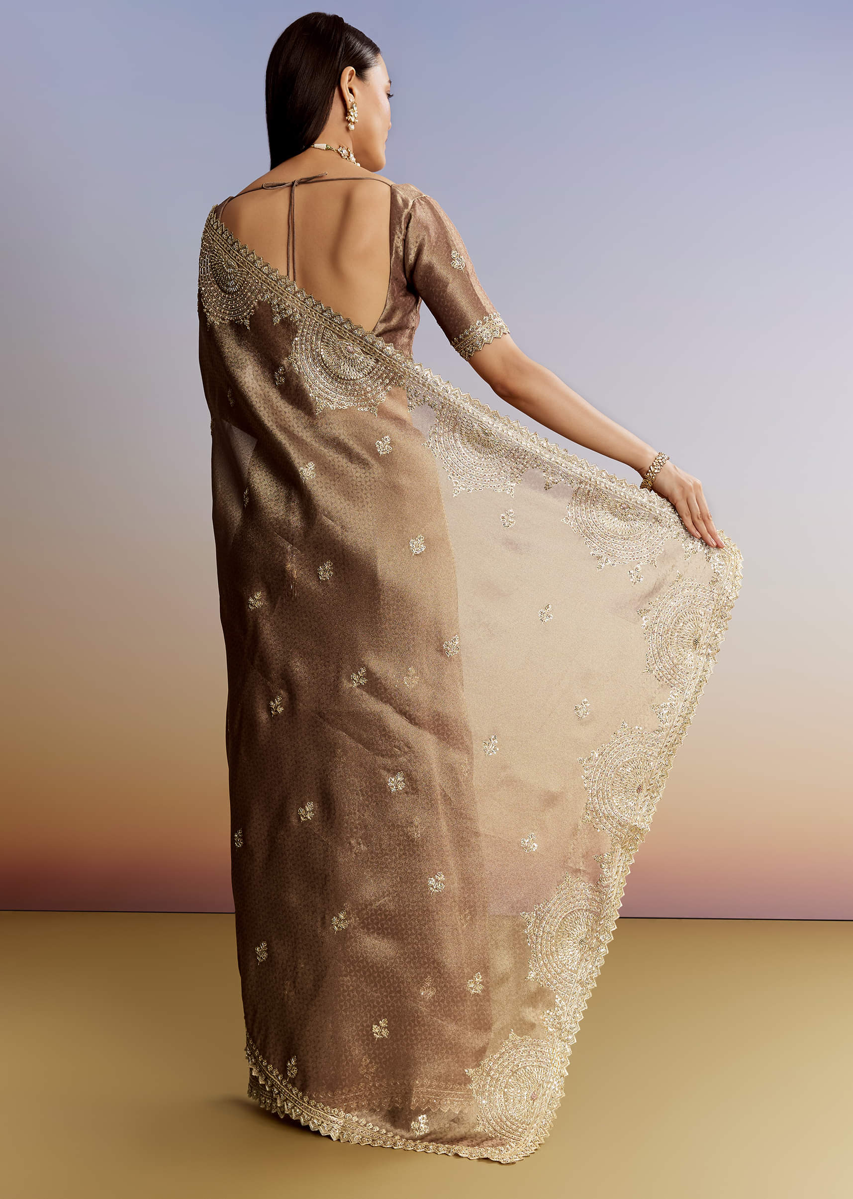 Dark Brown Jacquard Tissue Saree With Zigzag Zardosi Border - Image 6