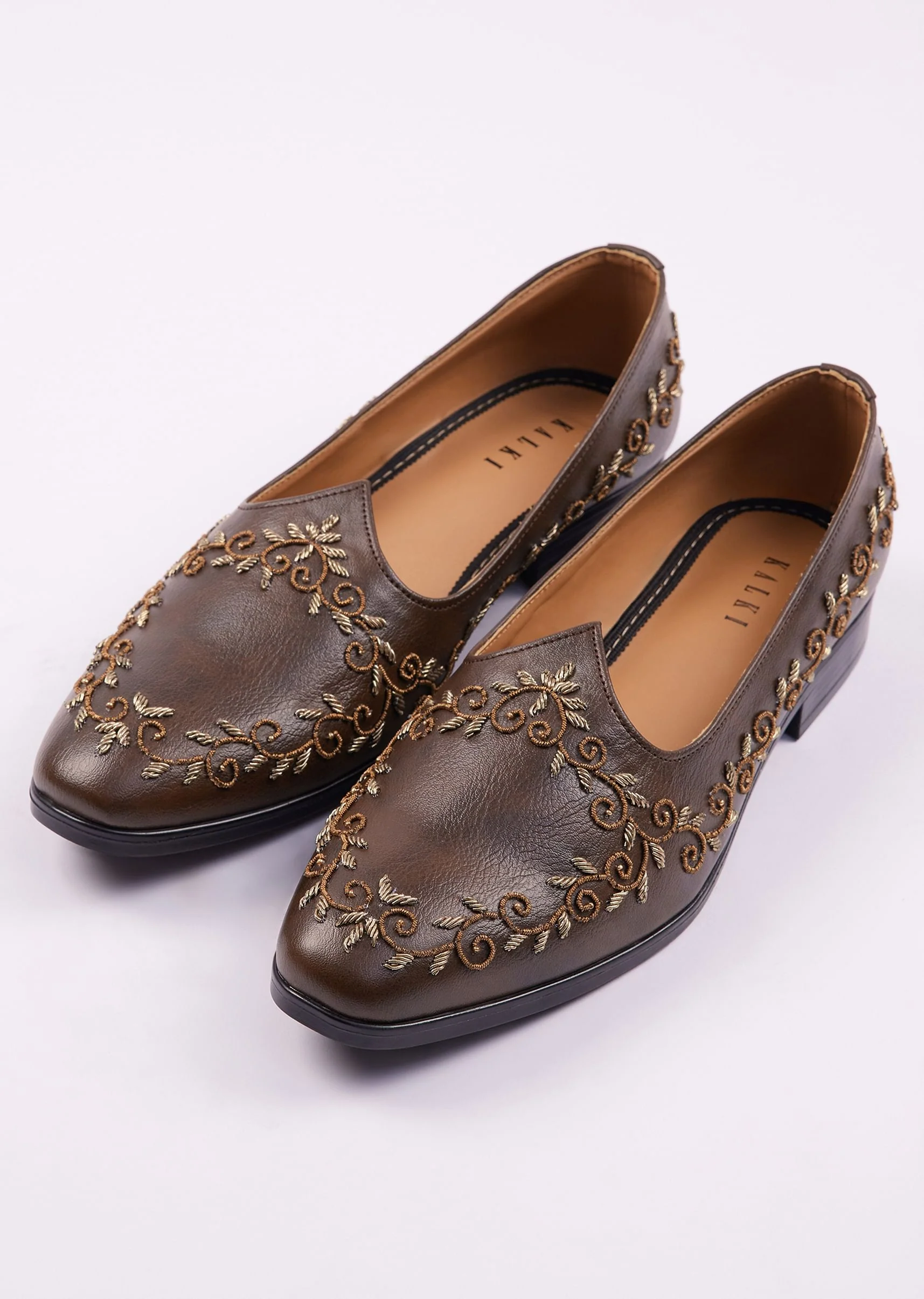 Dark Brown Zardosi Work Juttis For Men - Image 3