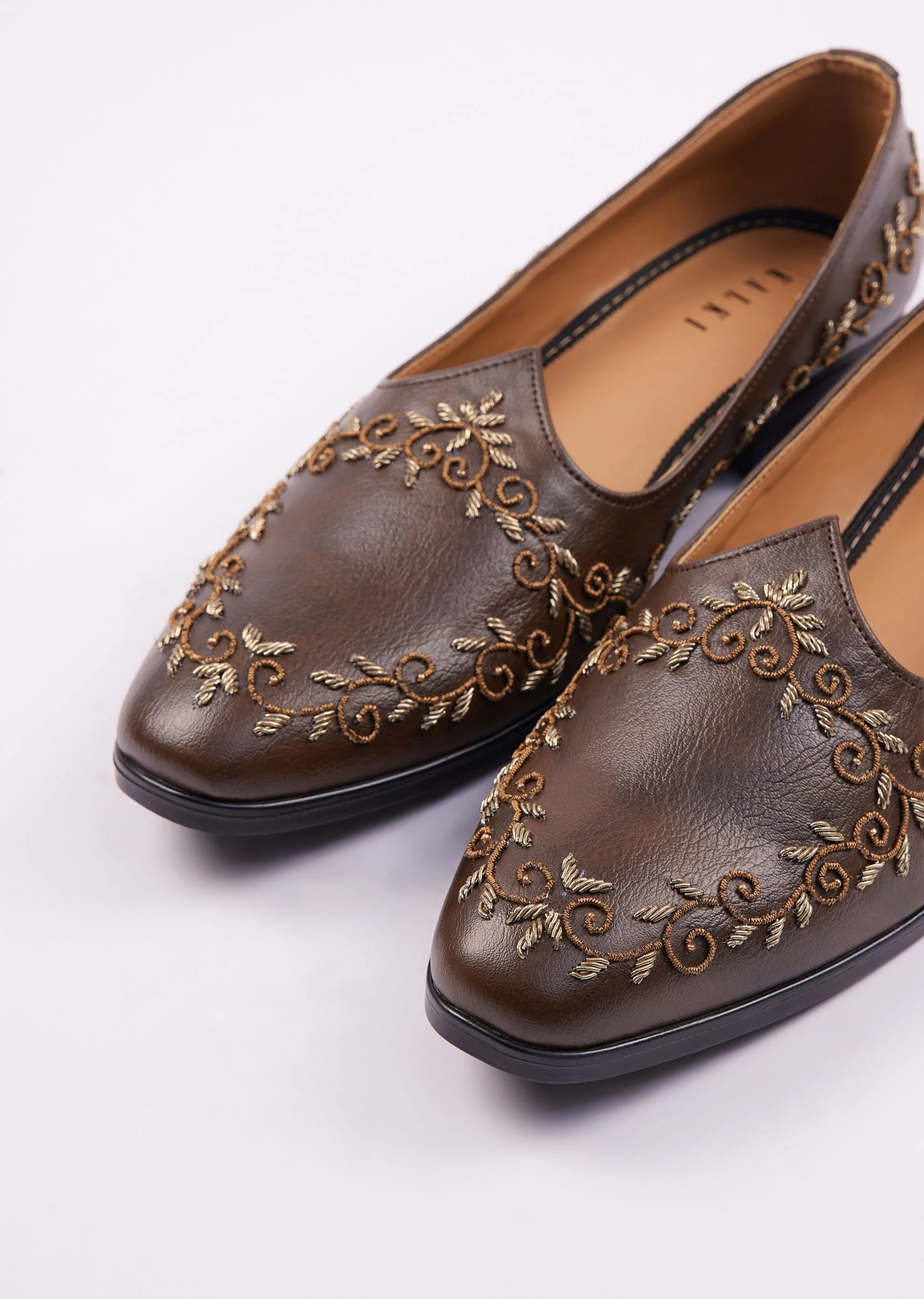 Dark Brown Zardosi Work Juttis For Men - Image 4