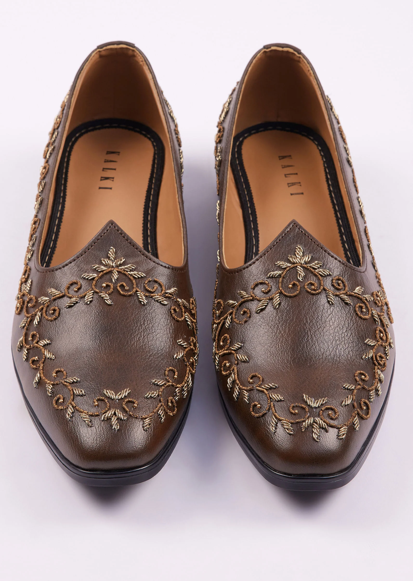 Dark Brown Zardosi Work Juttis For Men - Image 5