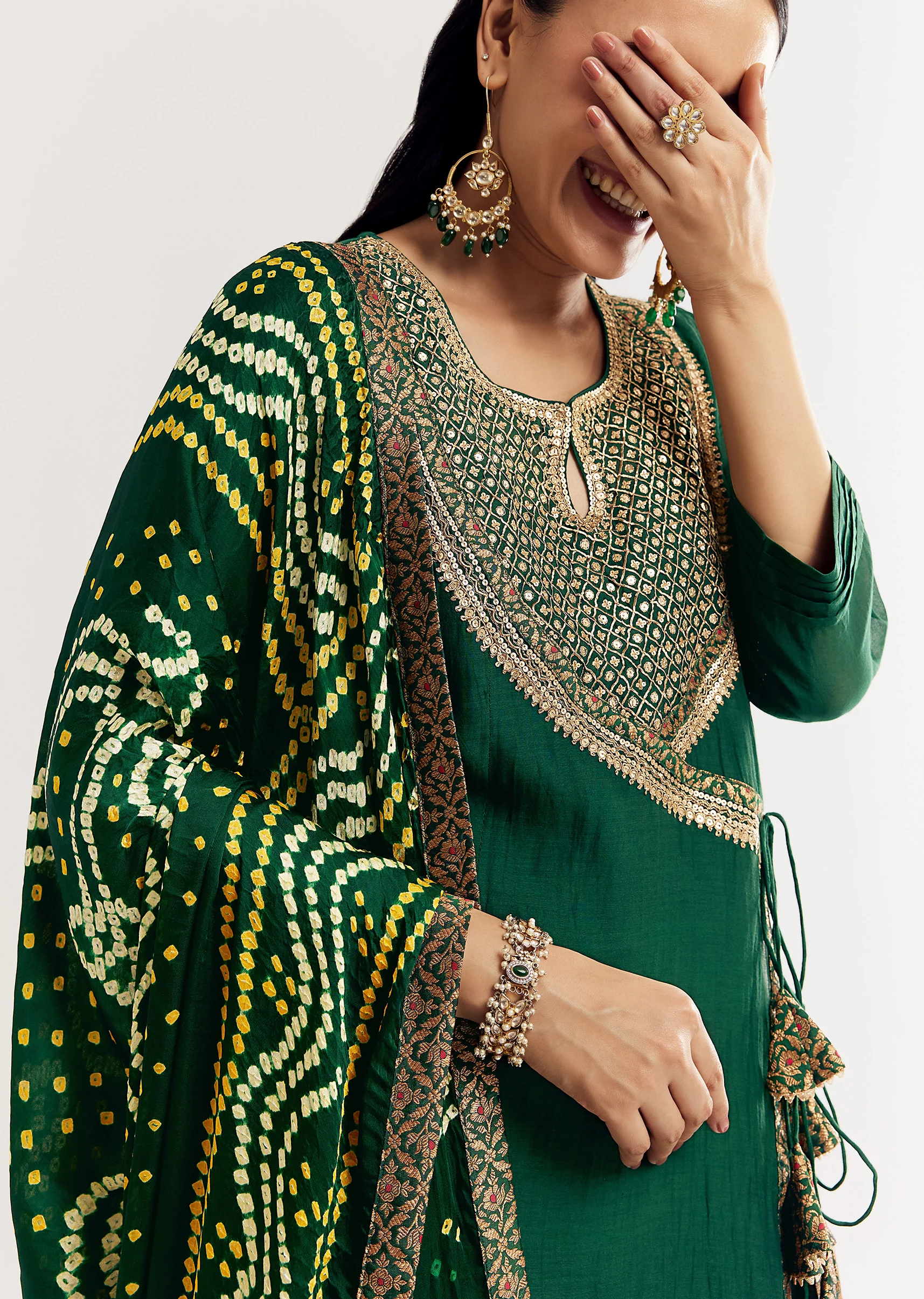 Dark Green Angrakha Kurta Set With Bandhani Dupatta - Image 2