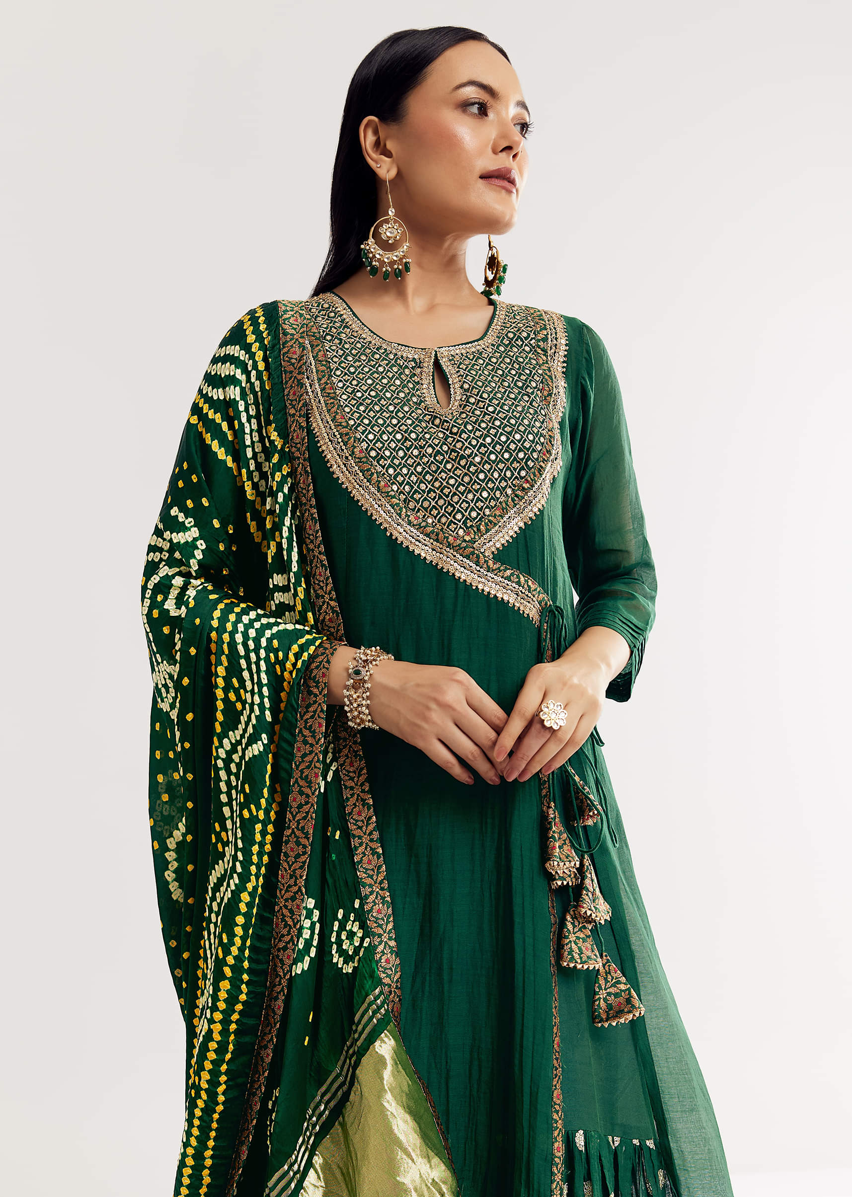 Dark Green Angrakha Kurta Set With Bandhani Dupatta - Image 4