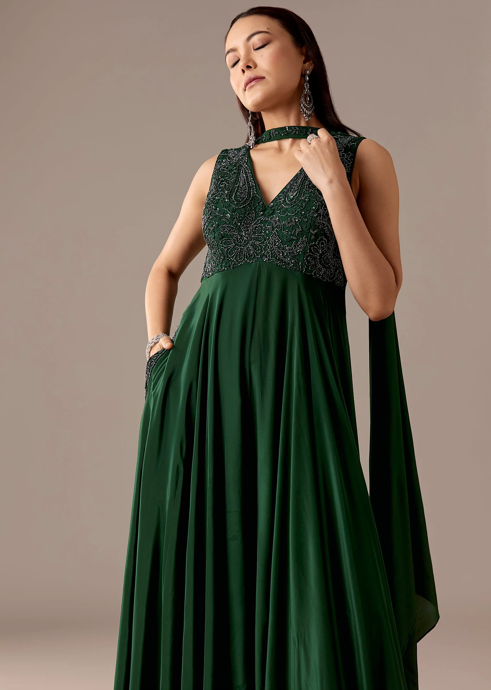 Dark Green Beaded Jumpsuit With Dupatta - Image 4