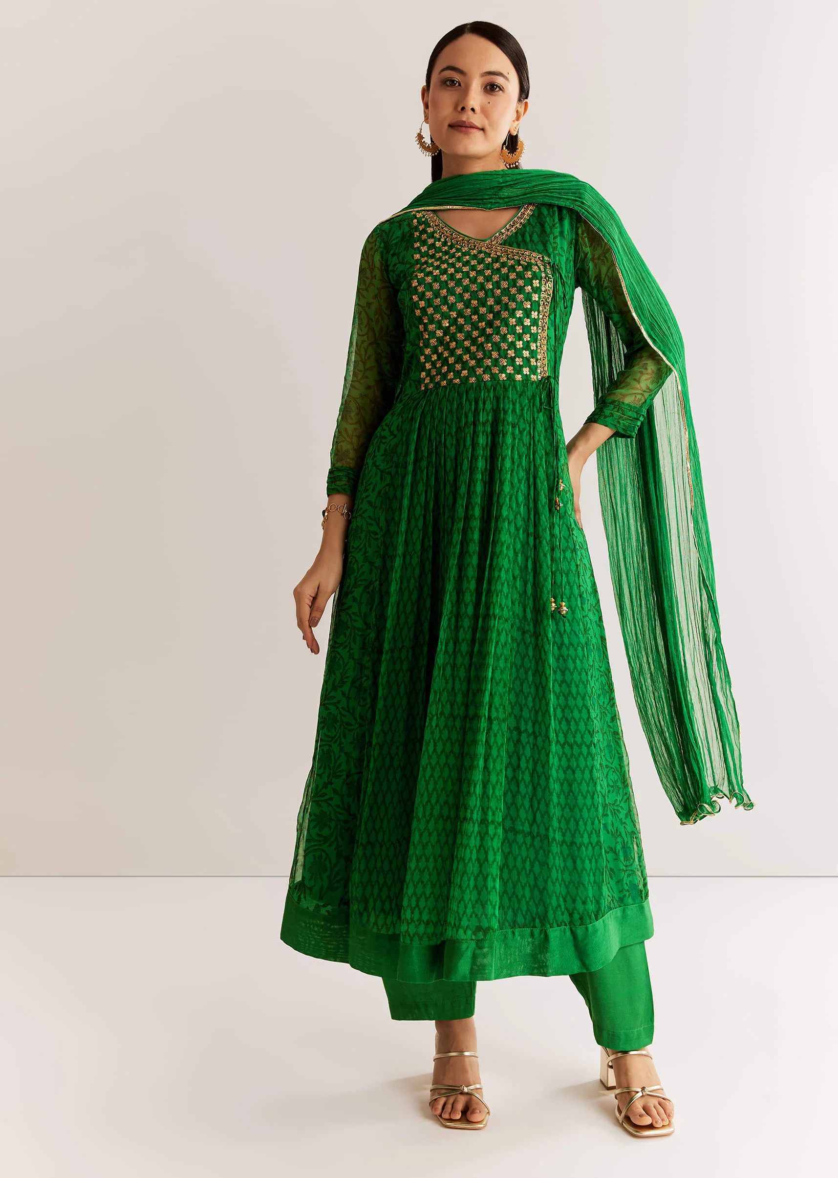 Dark Green Chiffon Angrakha Anarkali With Floral And Sequin Yoke - Image 2