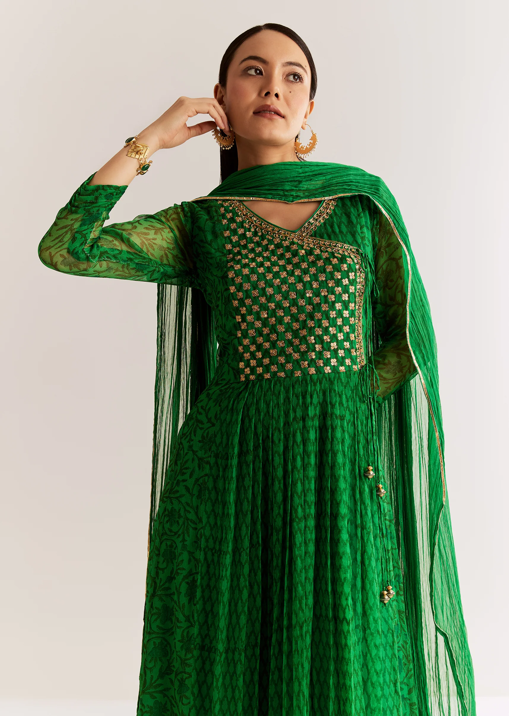 Dark Green Chiffon Angrakha Anarkali With Floral And Sequin Yoke - Image 3