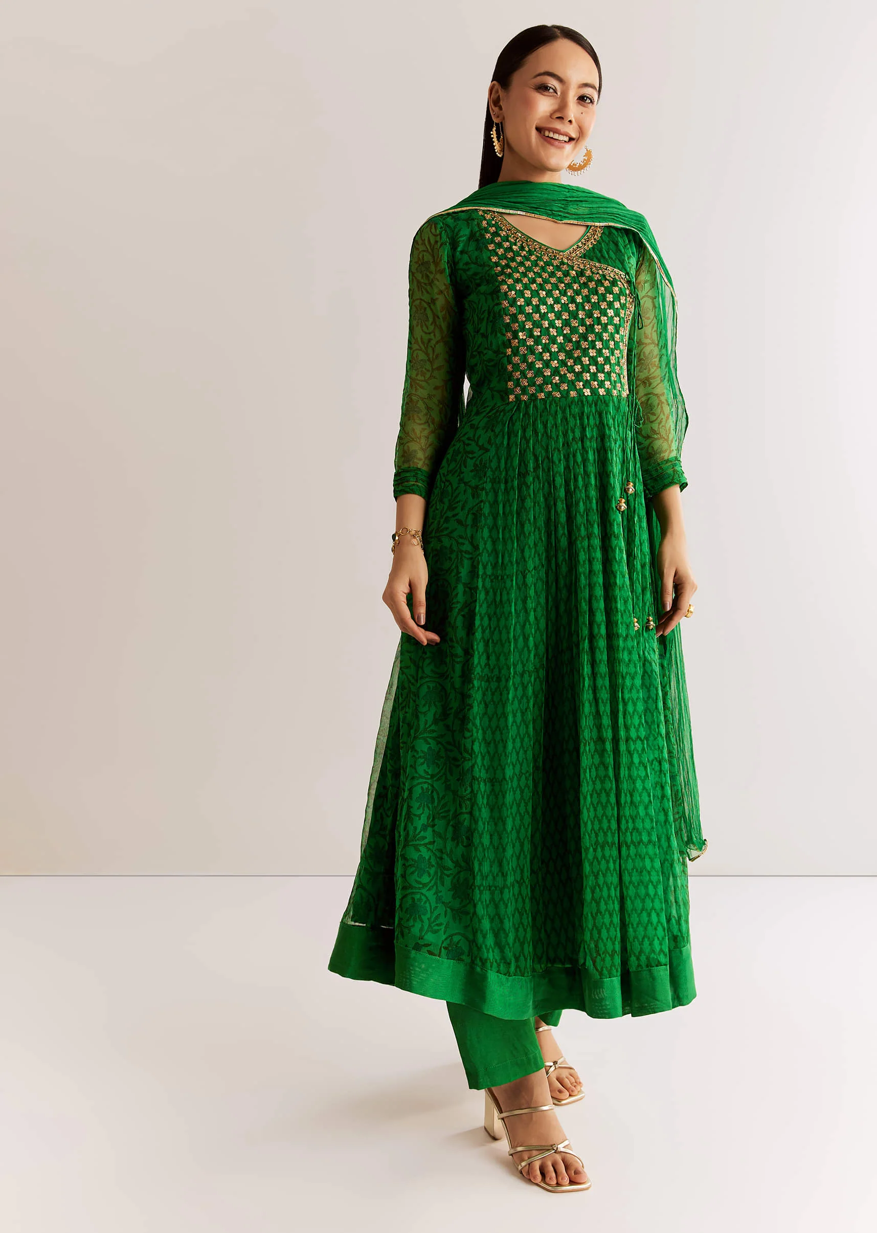 Dark Green Chiffon Angrakha Anarkali With Floral And Sequin Yoke - Image 4