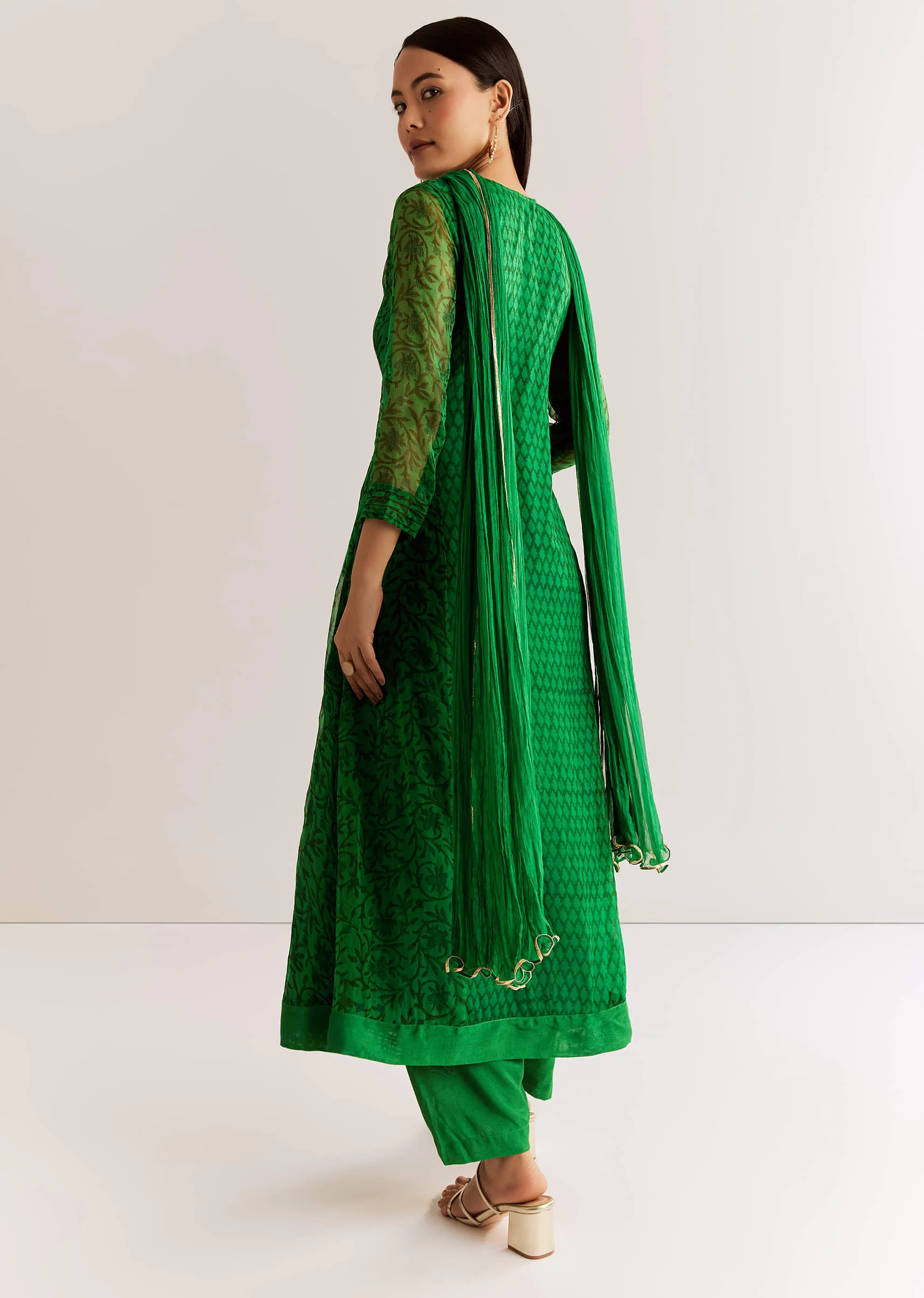 Dark Green Chiffon Angrakha Anarkali With Floral And Sequin Yoke - Image 5