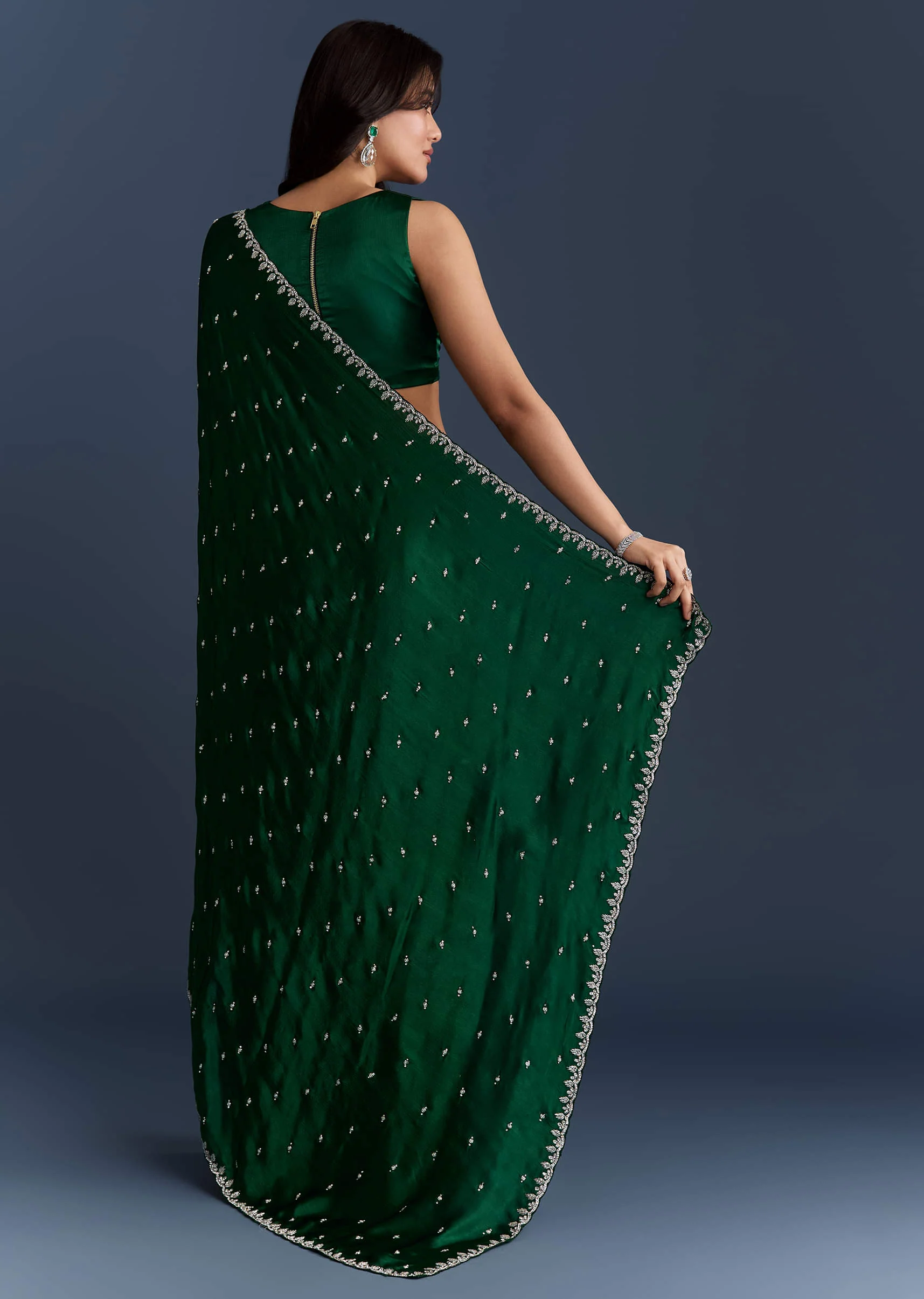 Dark Green Chinon Embroidered Saree With Intricate Hand Embroidery - Image 4
