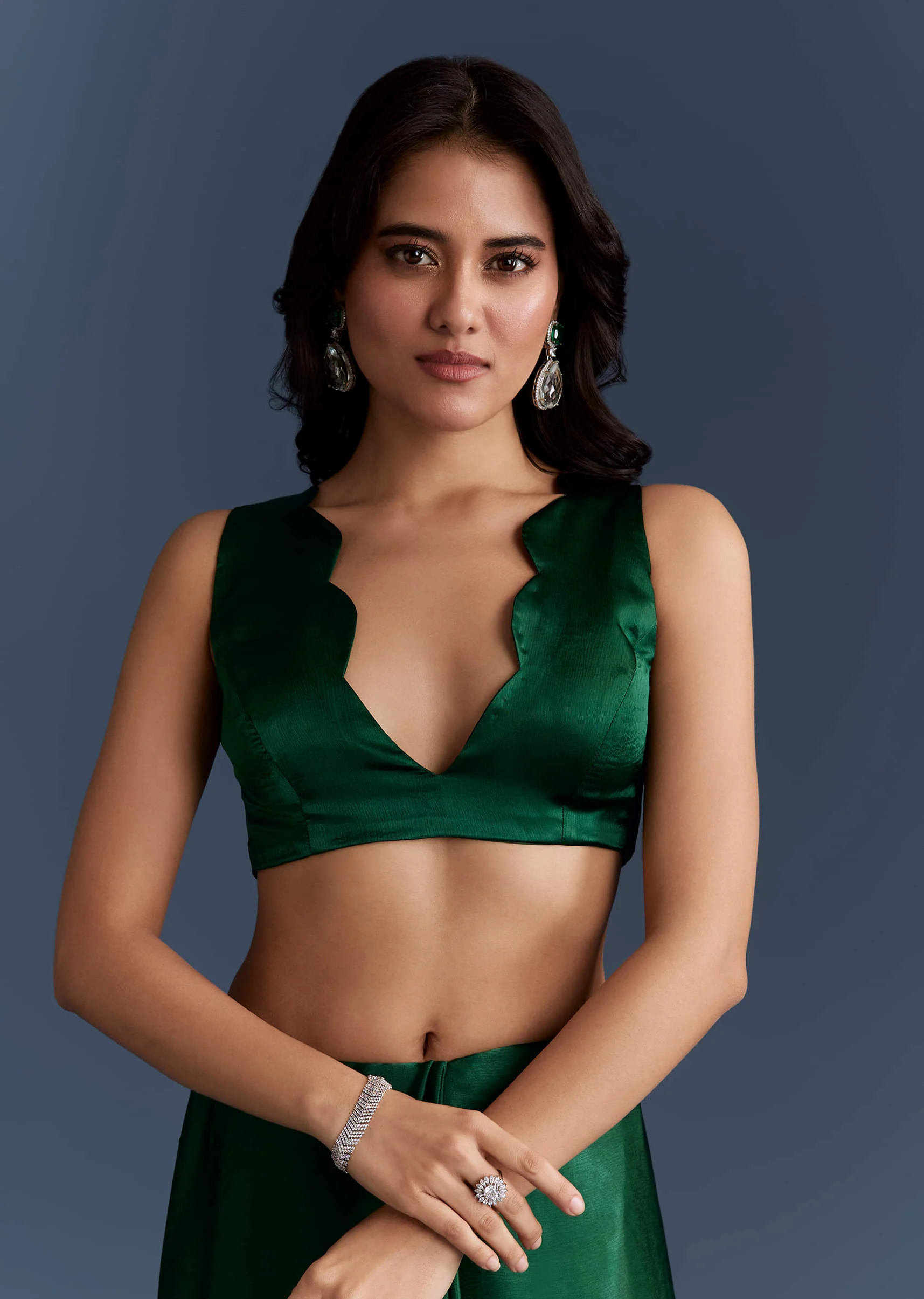 Dark Green Chinon Embroidered Saree With Intricate Hand Embroidery - Image 7
