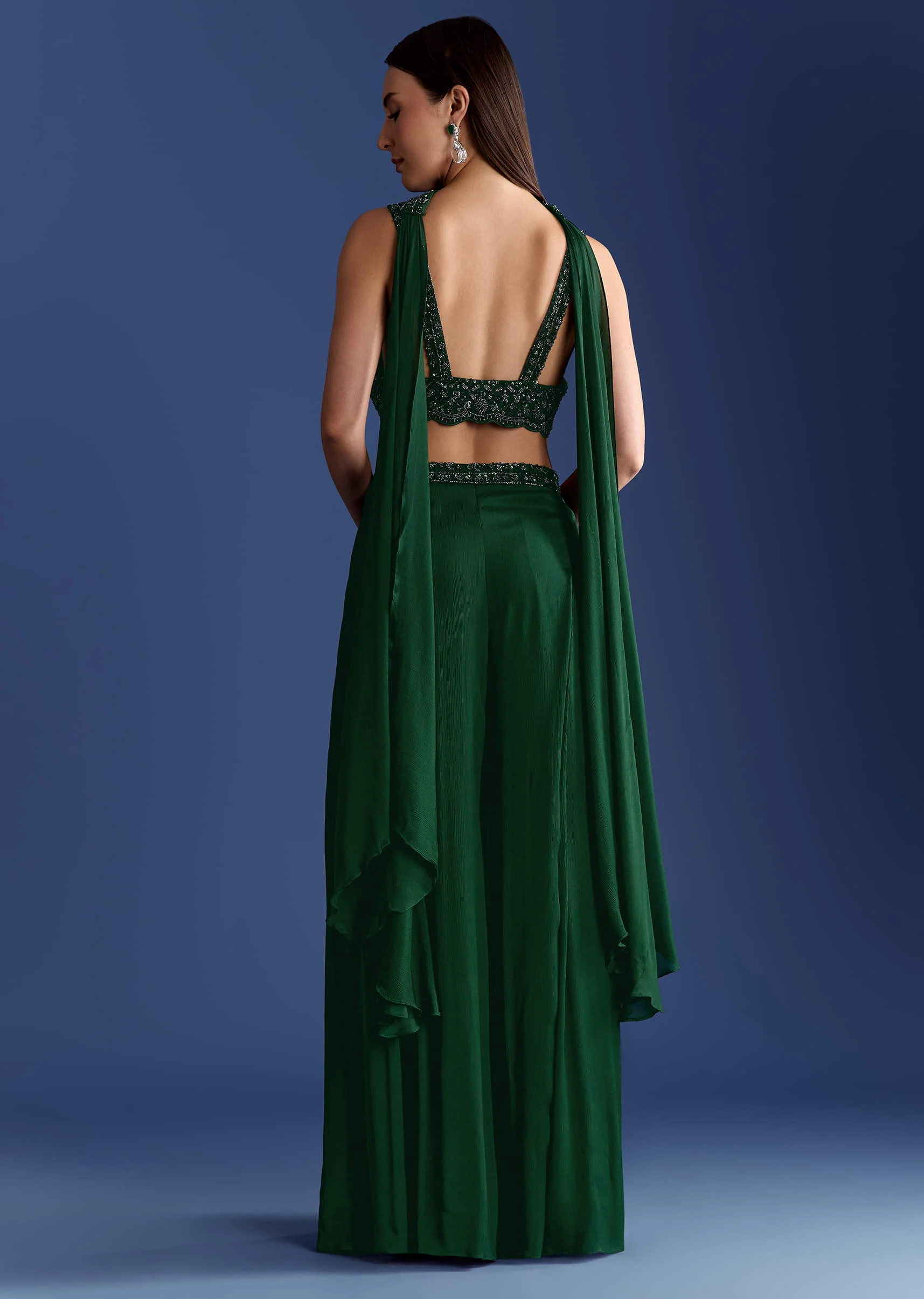 Dark Green Chinon Palazzo Set With Cutdana Croptop And Choker Dupatta - Image 5