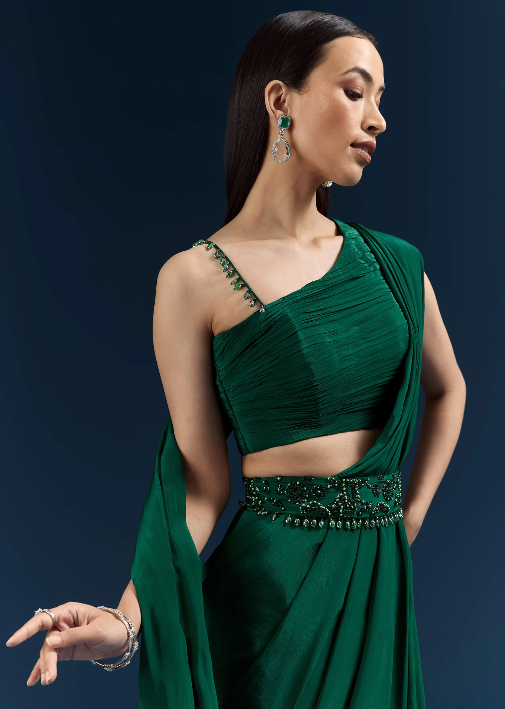 Dark Green Crepe Ready Pleated Saree With Heavy Embroidery - Image 4