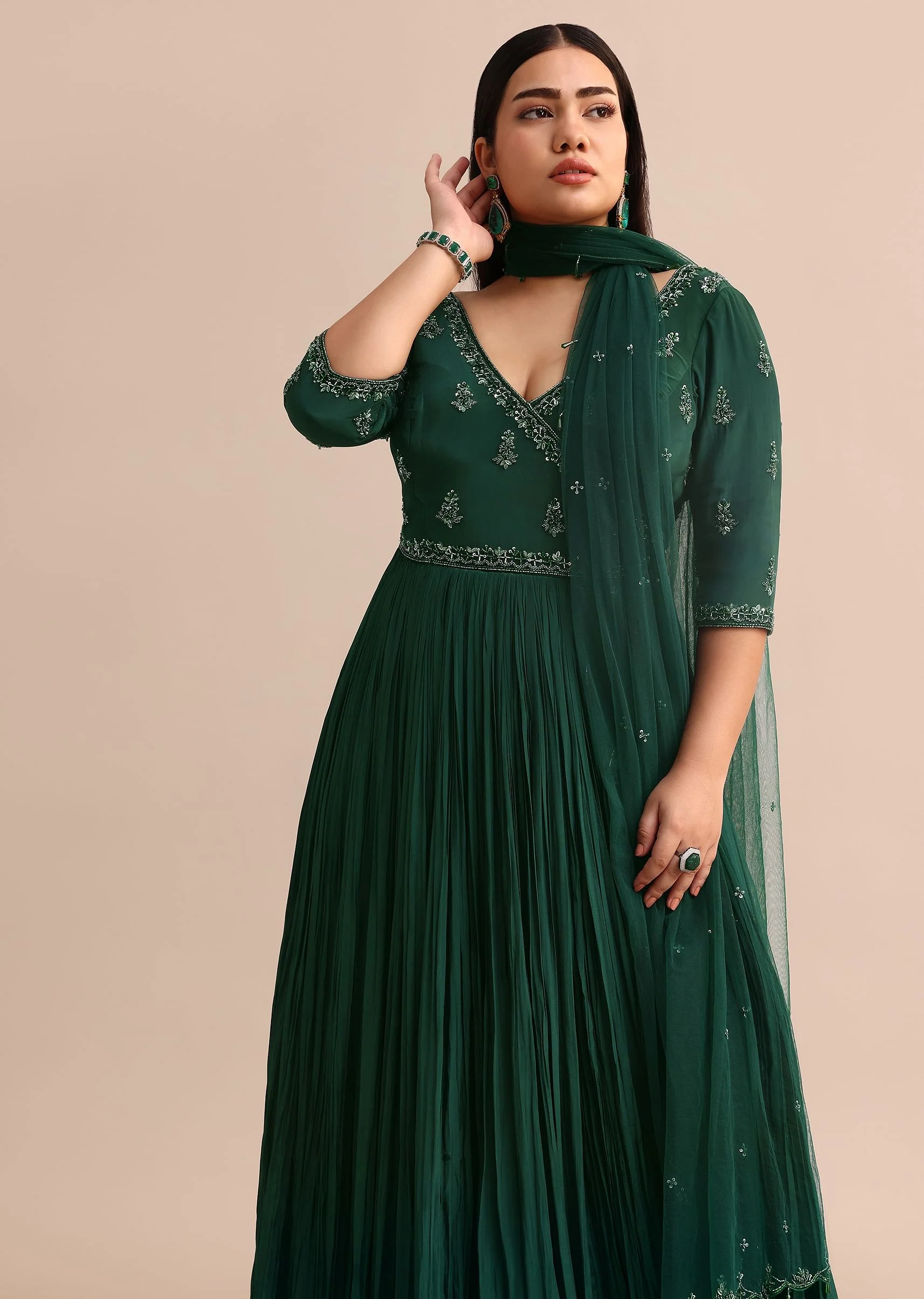 Dark Green Embroidered Anarkali Suit With Net Dupatta - Image 4