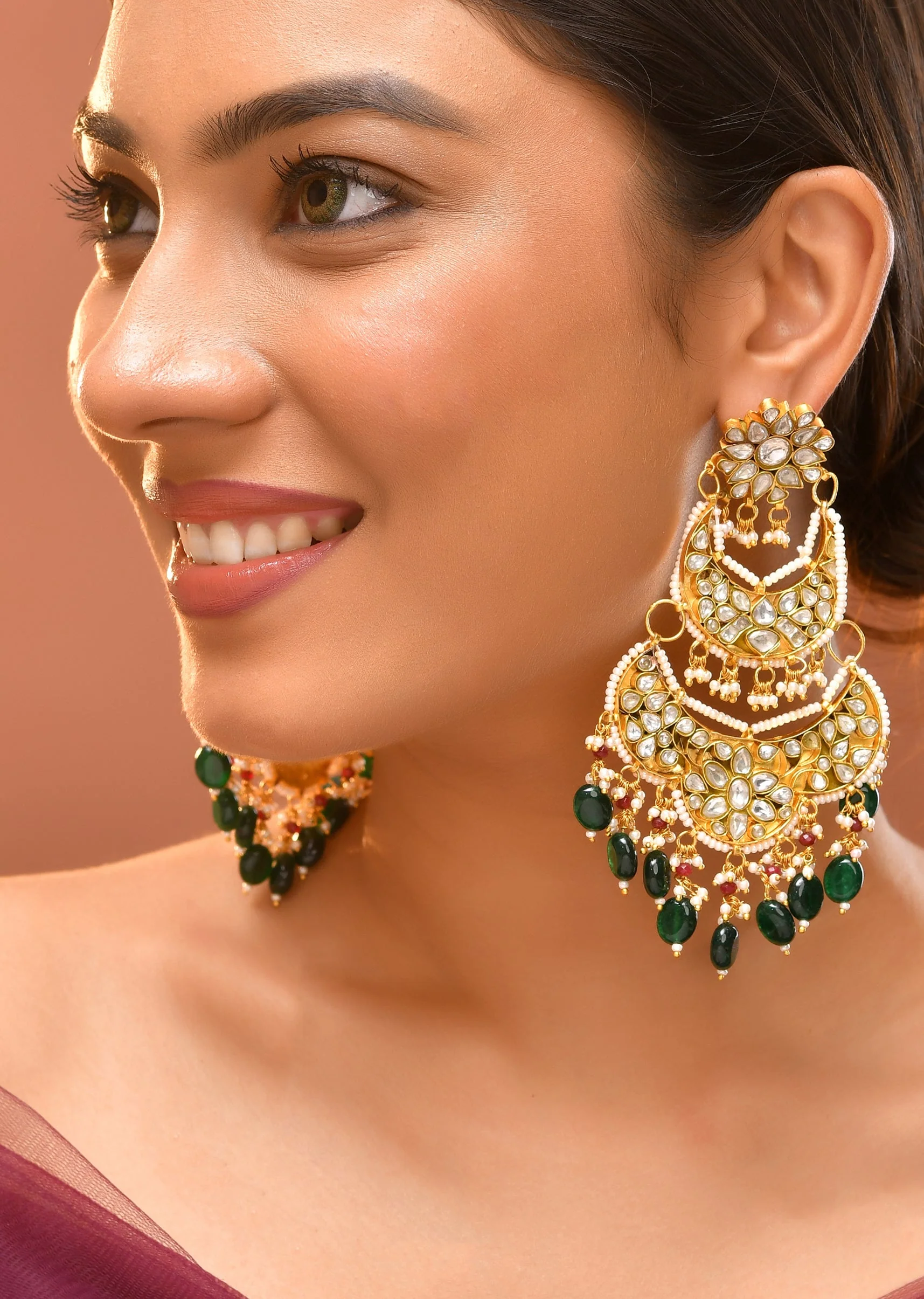 Dark Green Gold Earrings With Pachi Kundan