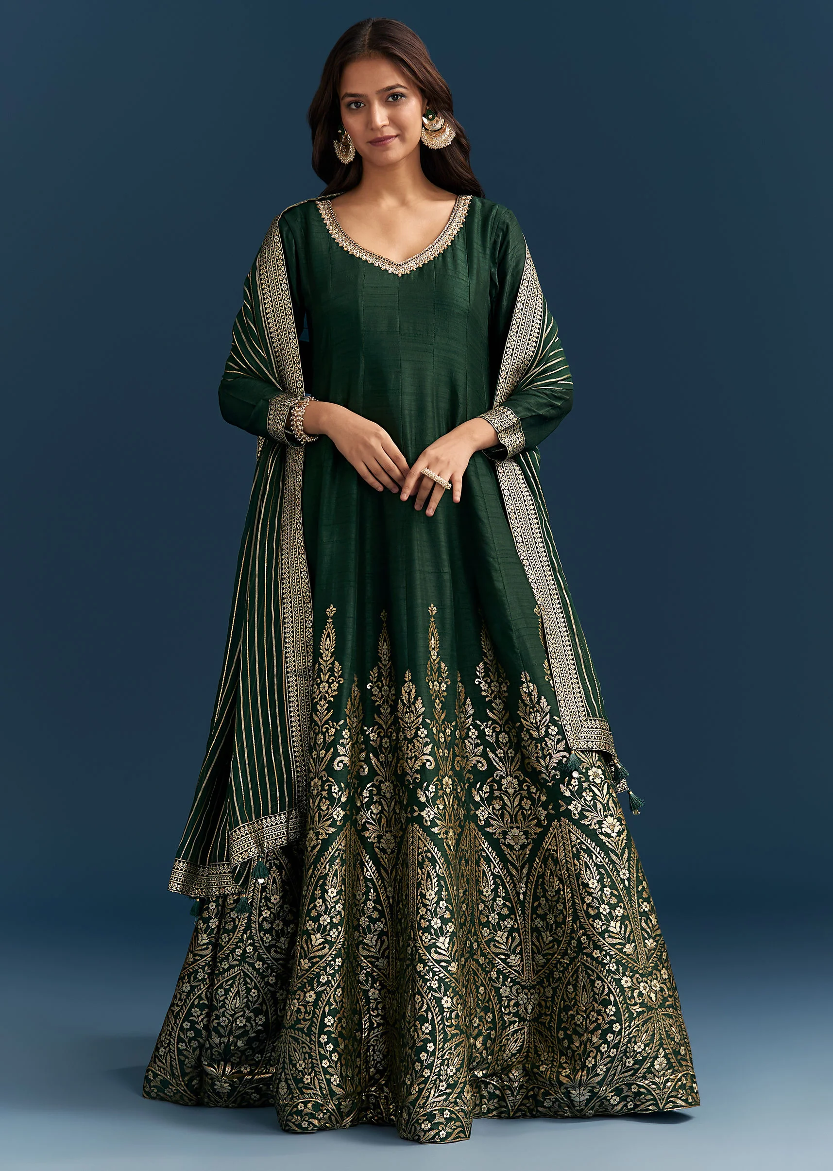 Dark Green Jacquard Silk Anarkali Suit With Festive Dupatta