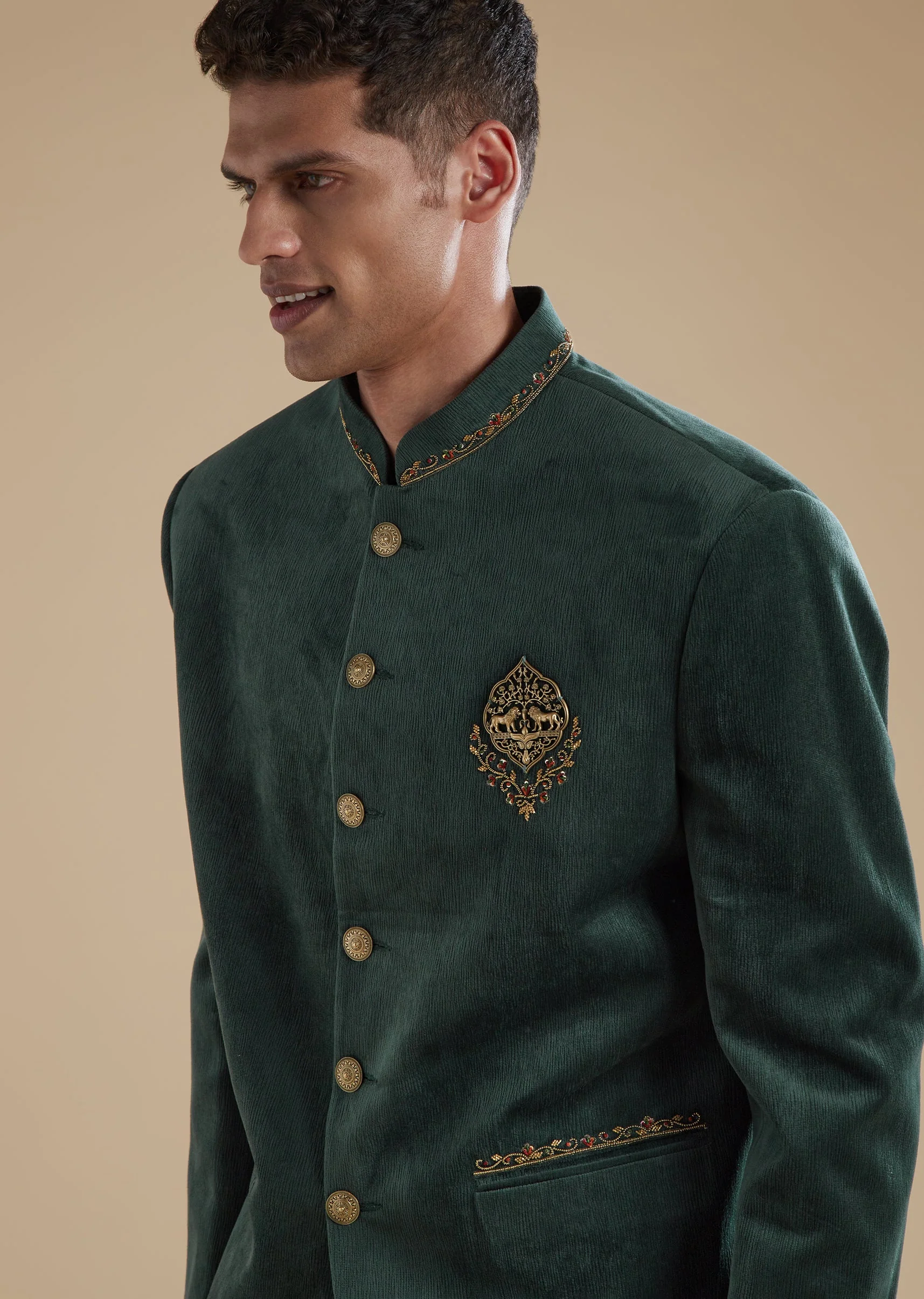 Dark Green Mens Jodhpuris with Metal Thread Resham Detail Work - Image 2
