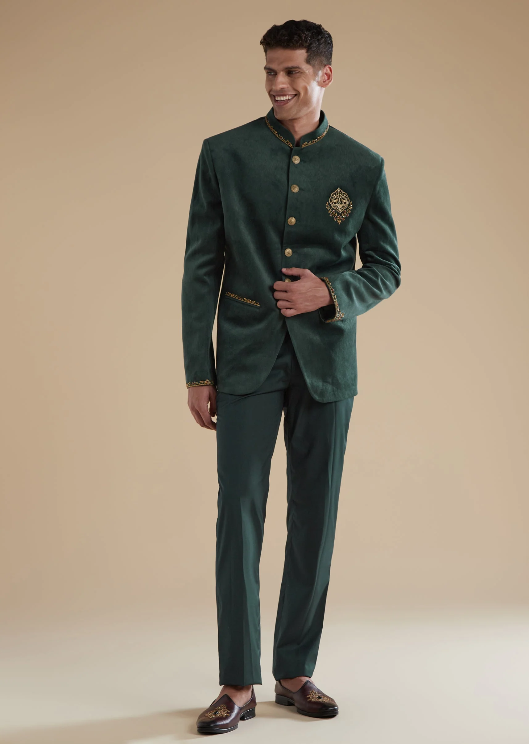 Dark Green Mens Jodhpuris with Metal Thread Resham Detail Work - Image 3