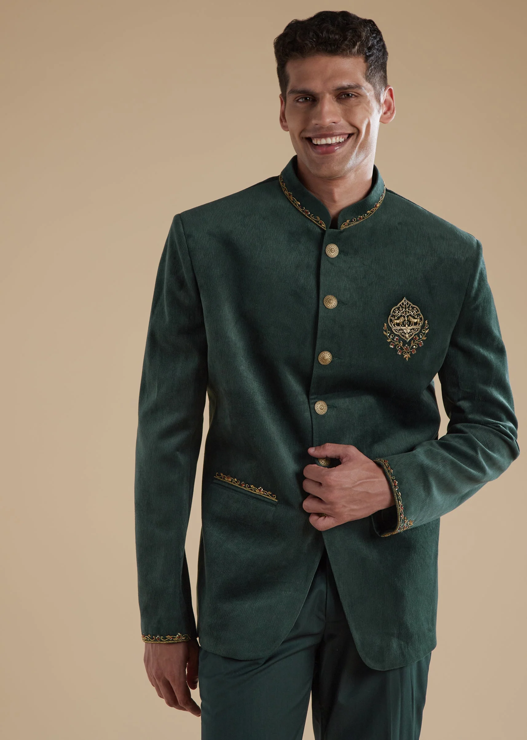 Dark Green Mens Jodhpuris with Metal Thread Resham Detail Work - Image 4