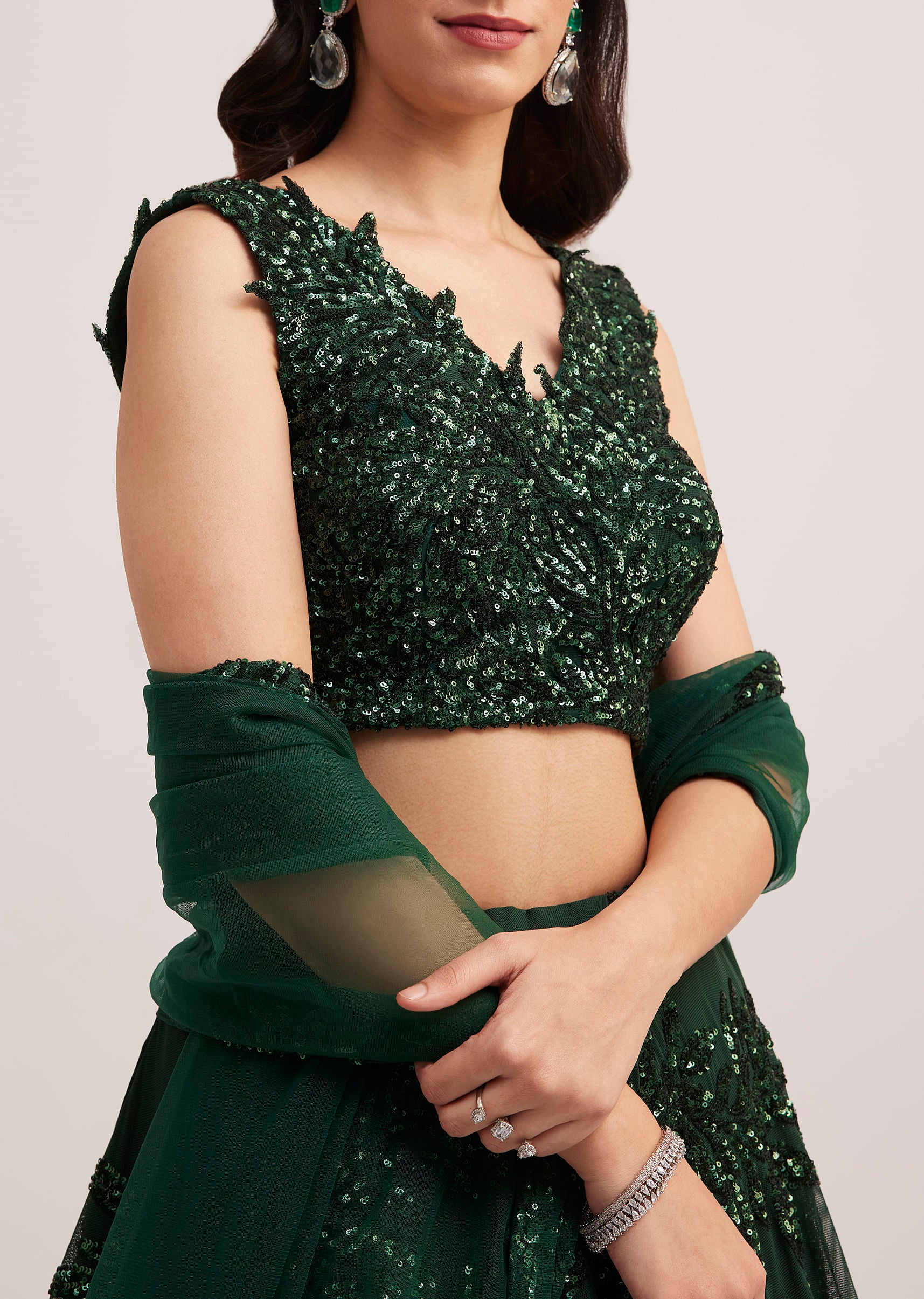 Dark Green Sequin Embellished Lehenga Set - Image 4