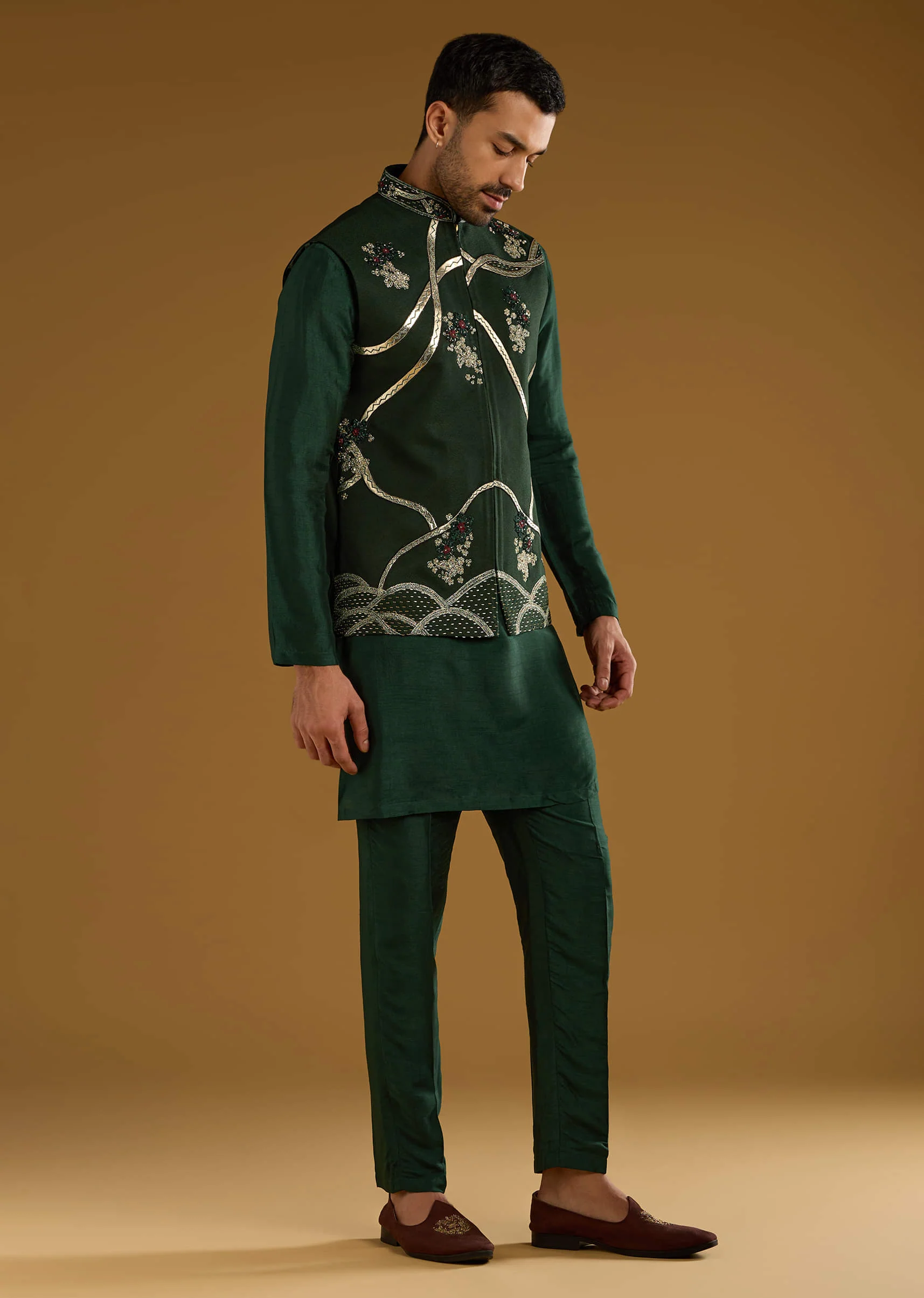 Dark Green Silk Kurta Jacket Set For Men With Gota Work