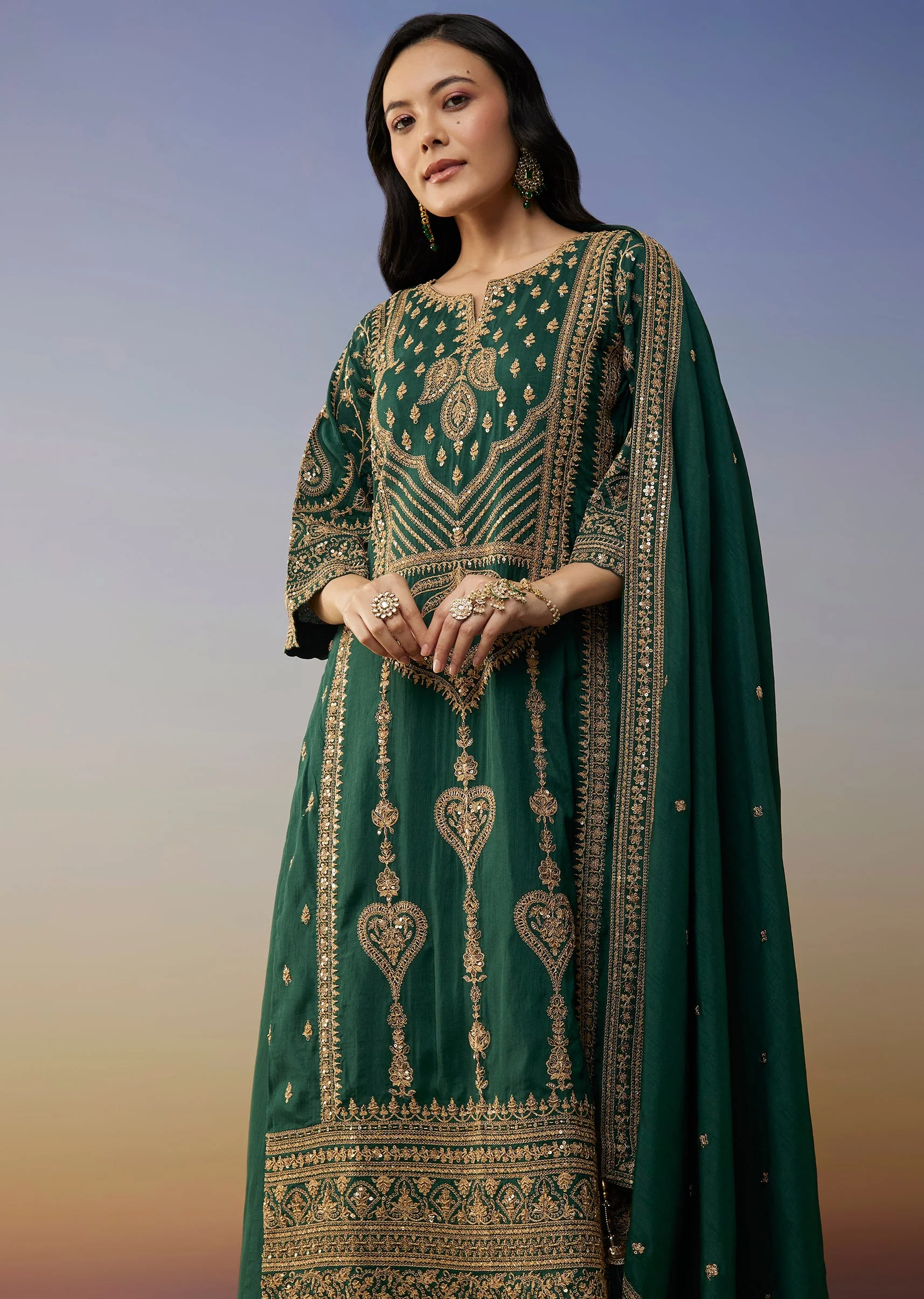 Dark Green Silk Palazzo Suits with Zari Thread Sequins Work - Image 4
