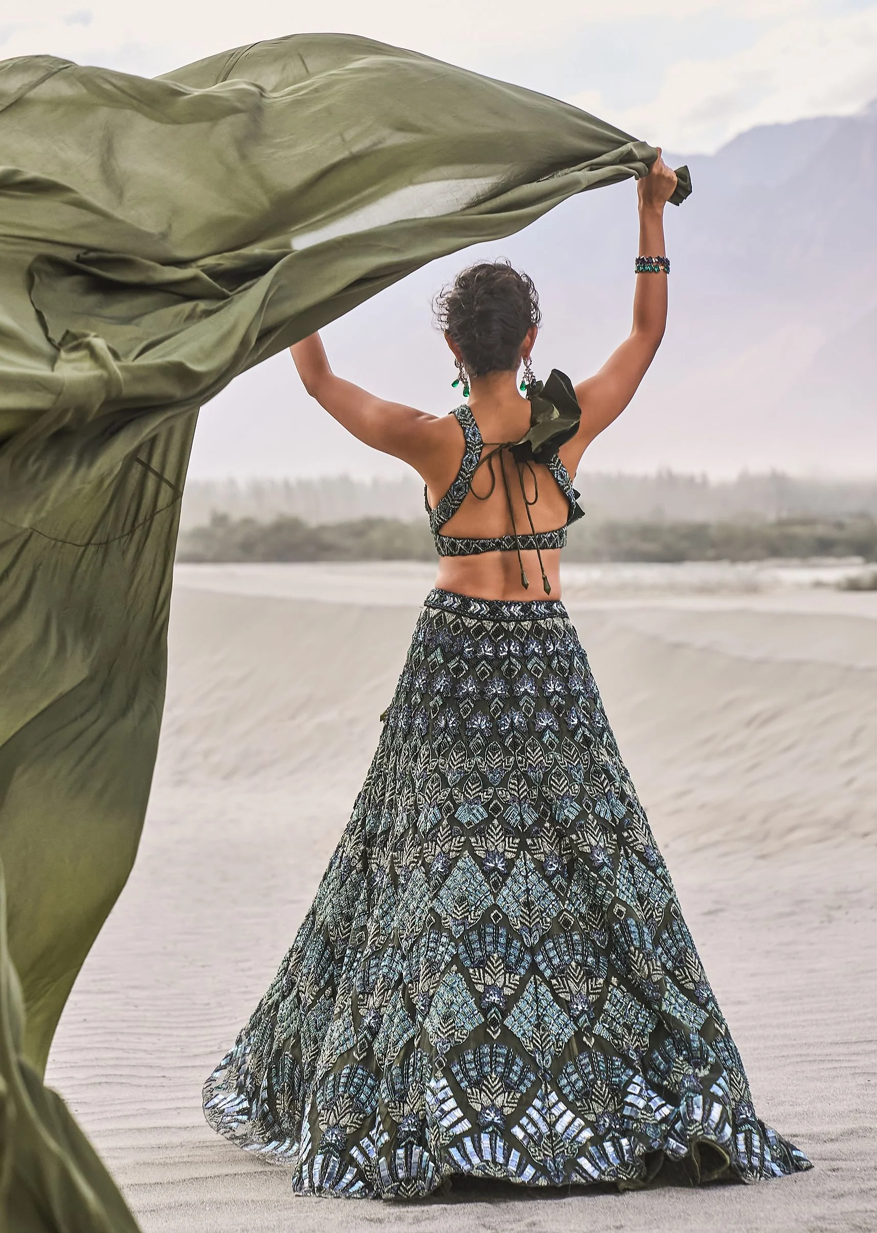 Dark Olive Green 3D Embroidered Lehenga Set With One Side Ruffle Trail - Image 2