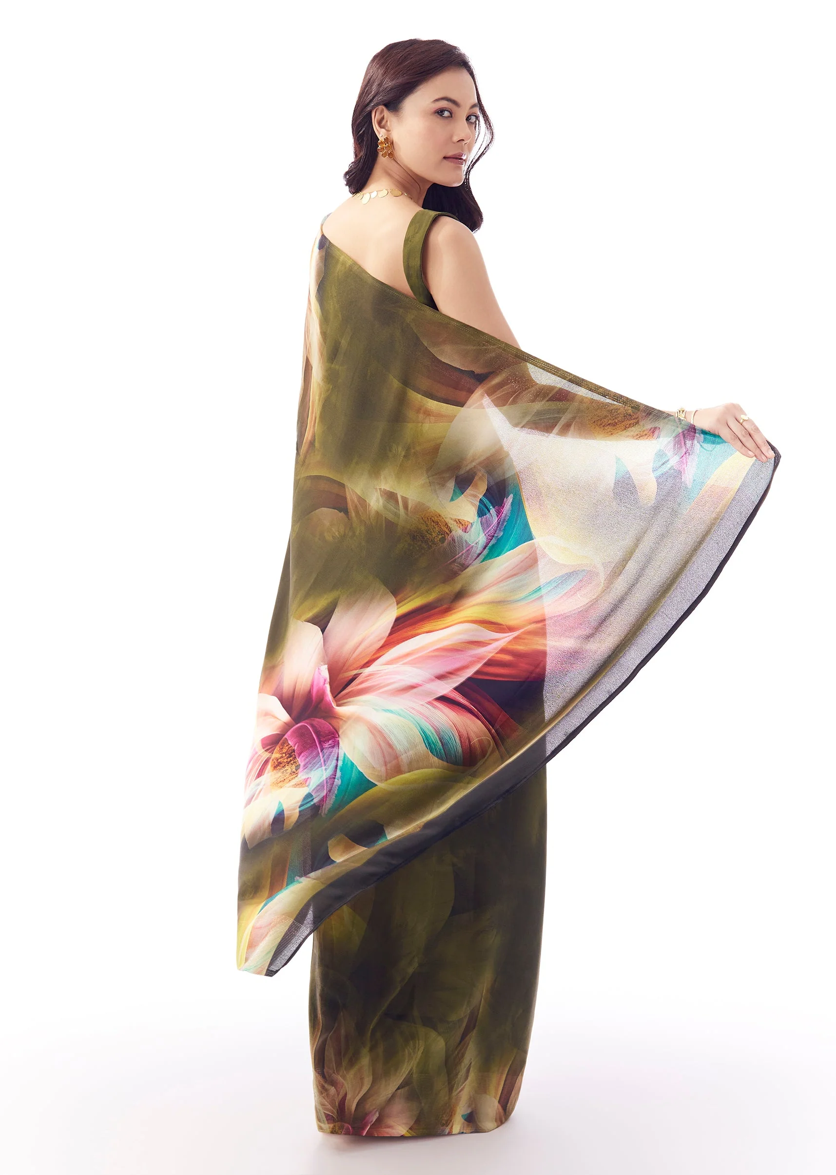 Dark Olive Green Georgette Saree With Multicolour Floral Print - Image 4