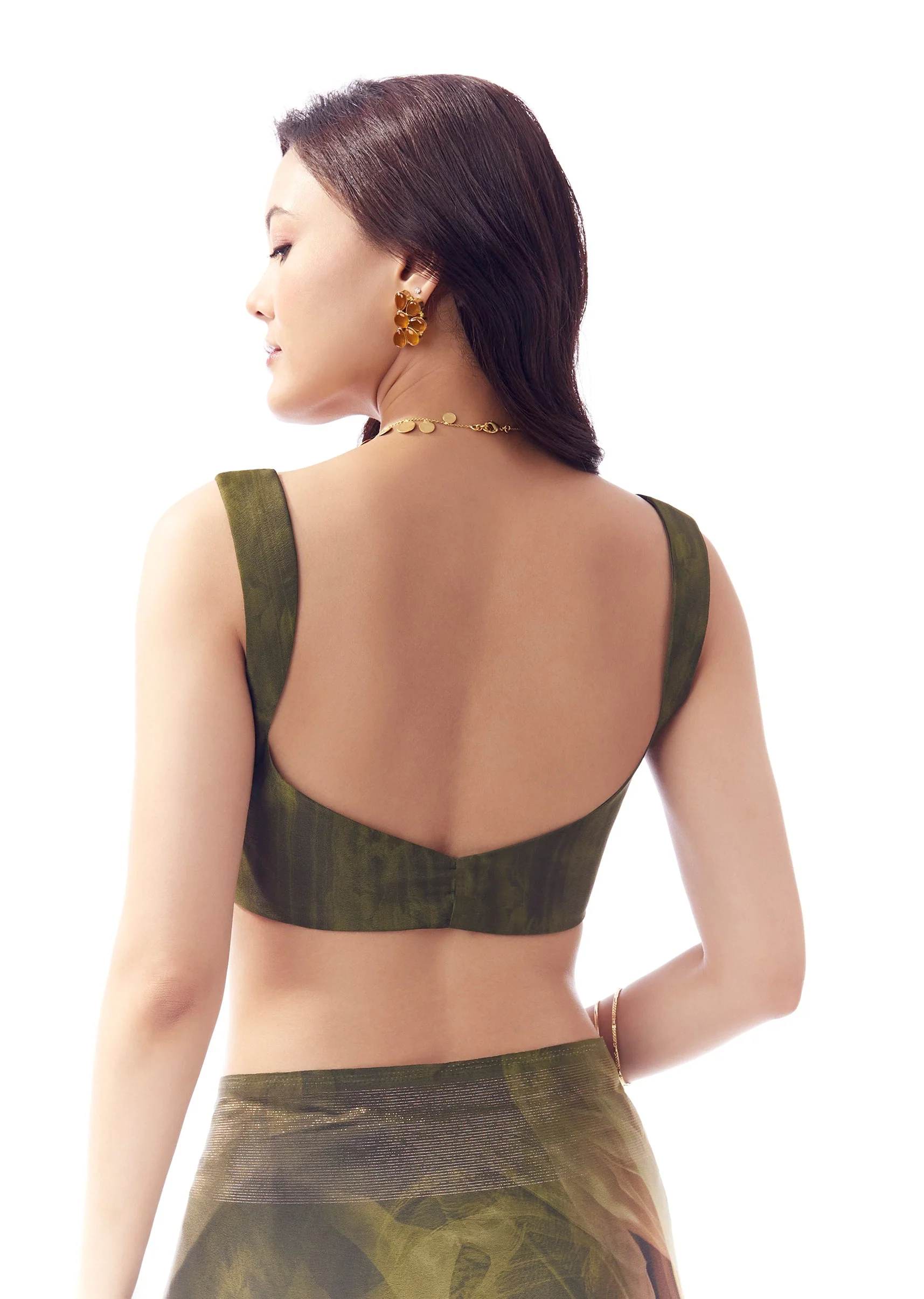 Dark Olive Green Georgette Saree With Multicolour Floral Print - Image 8
