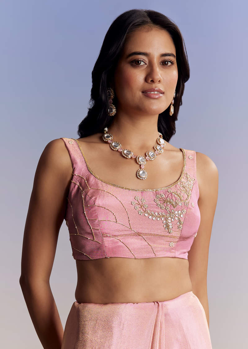 Dark Peach Tissue Saree With Gota Patti Embroidery - Image 7