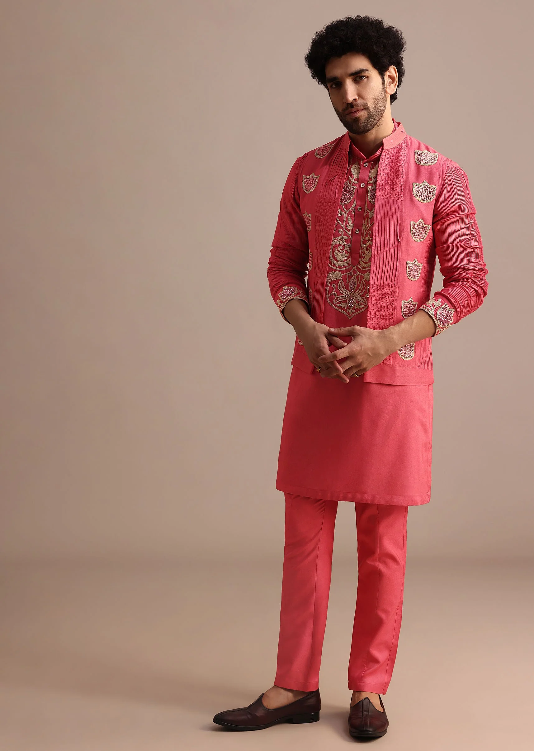Dark Pink Embroidered Silk Kurta Jacket Set For Men - Image 3