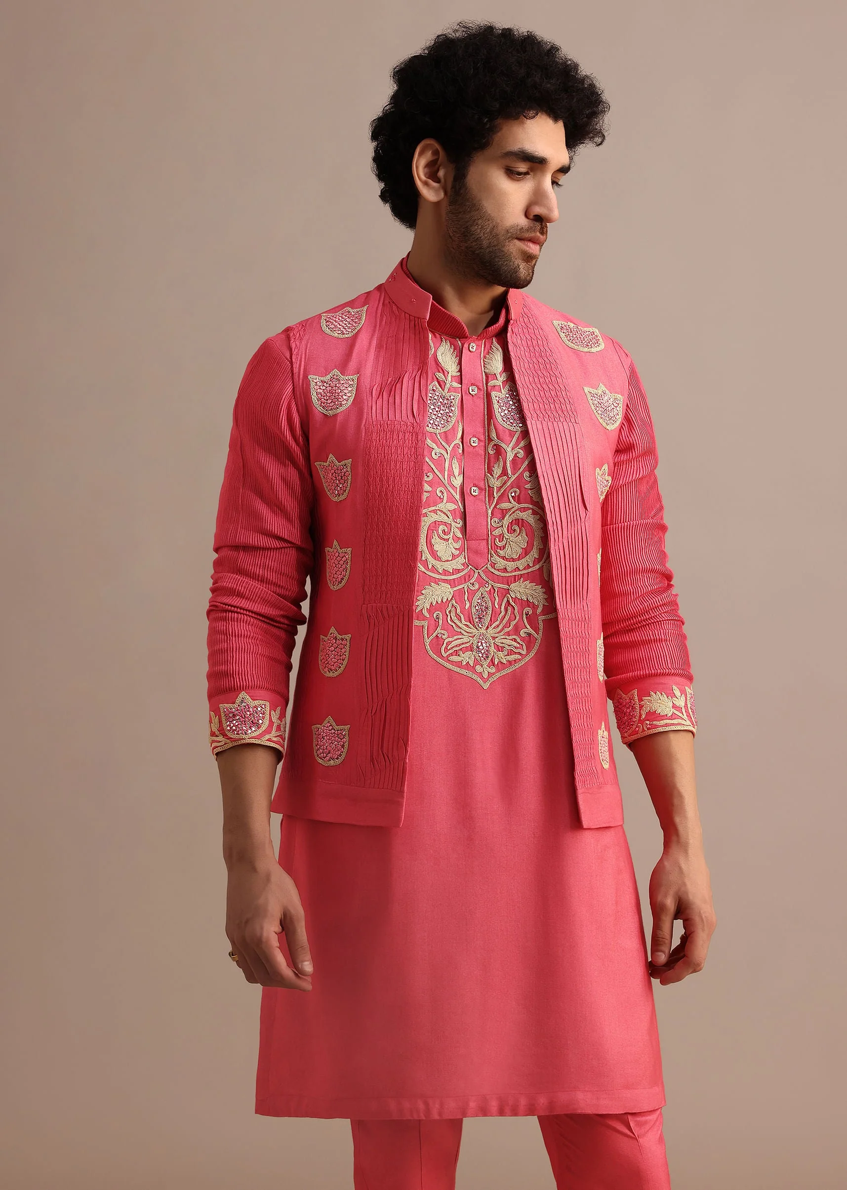 Dark Pink Embroidered Silk Kurta Jacket Set For Men - Image 4