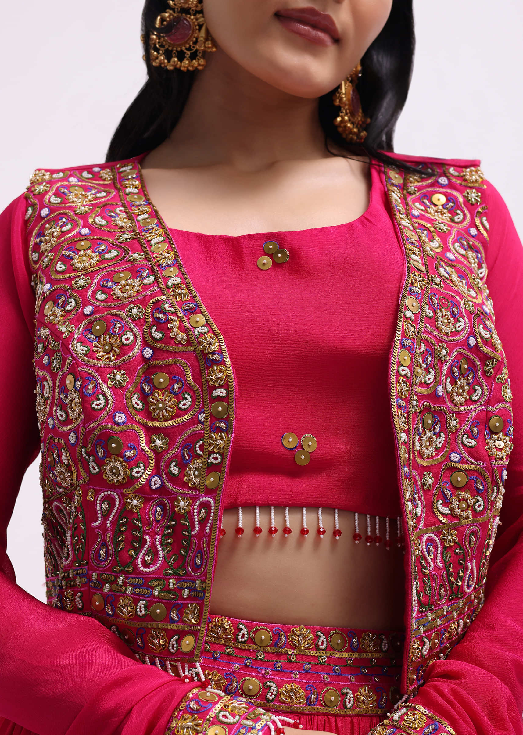 Dark Pink Embroidered Silk Lehenga Choli Set - Image 3