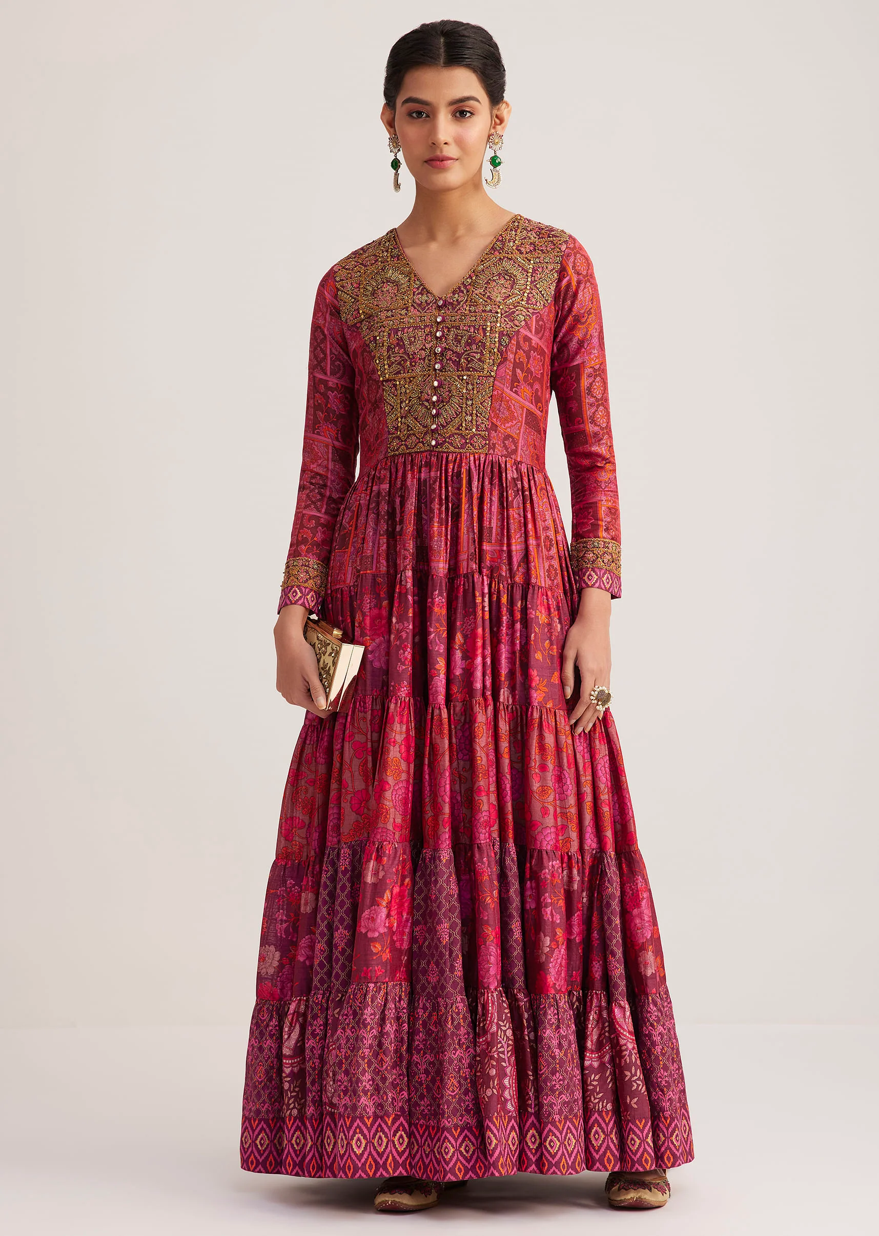 Dark Pink Silk Kurti With Indie Print - Image 3