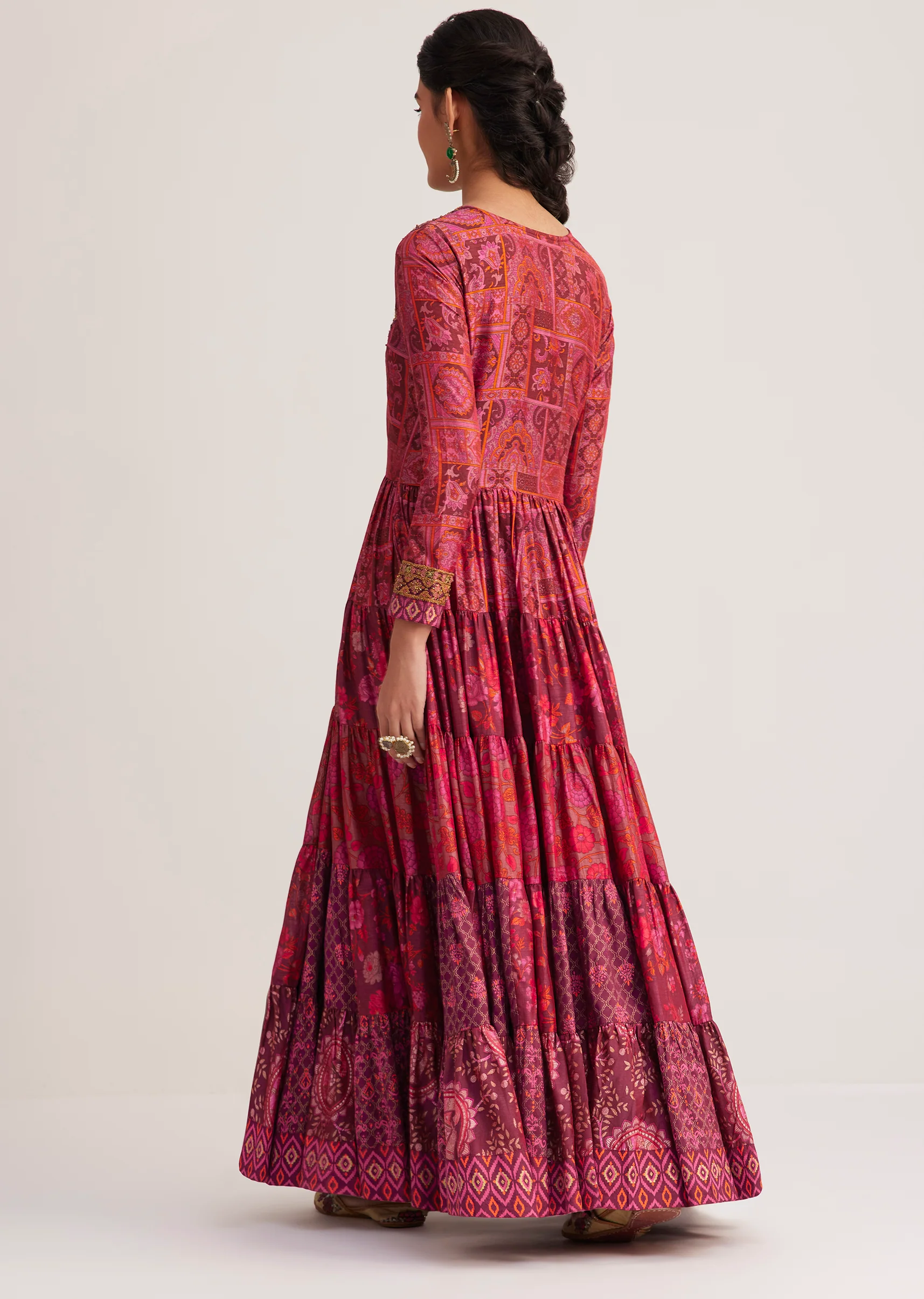 Dark Pink Silk Kurti With Indie Print - Image 5