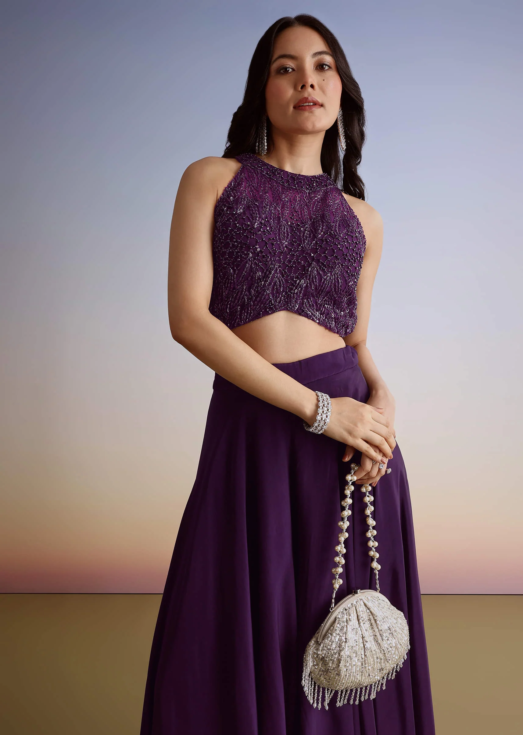 Dark Plum Purple Crepe Croptop Palazzo Suit With Cutdana Sequin Embroidery - Image 4
