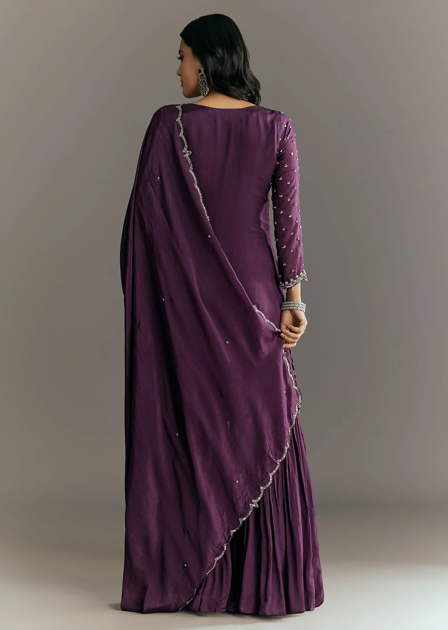 Dark Purple Chinon Sequin Work Kurta Sharara With Dupatta - Image 5