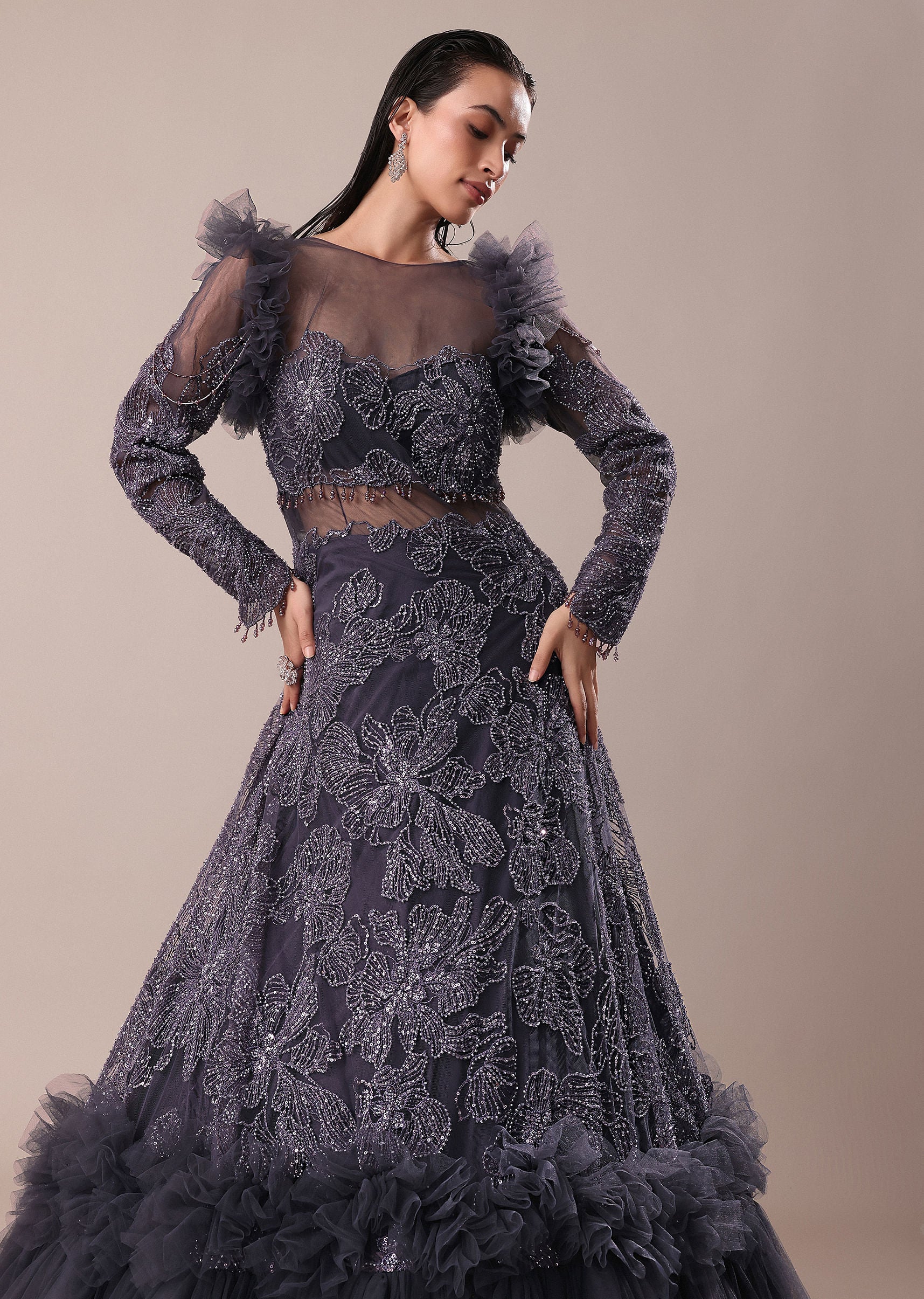 Dark Purple Embroidered Fancy Ruffle Gown Kalki - Image 5