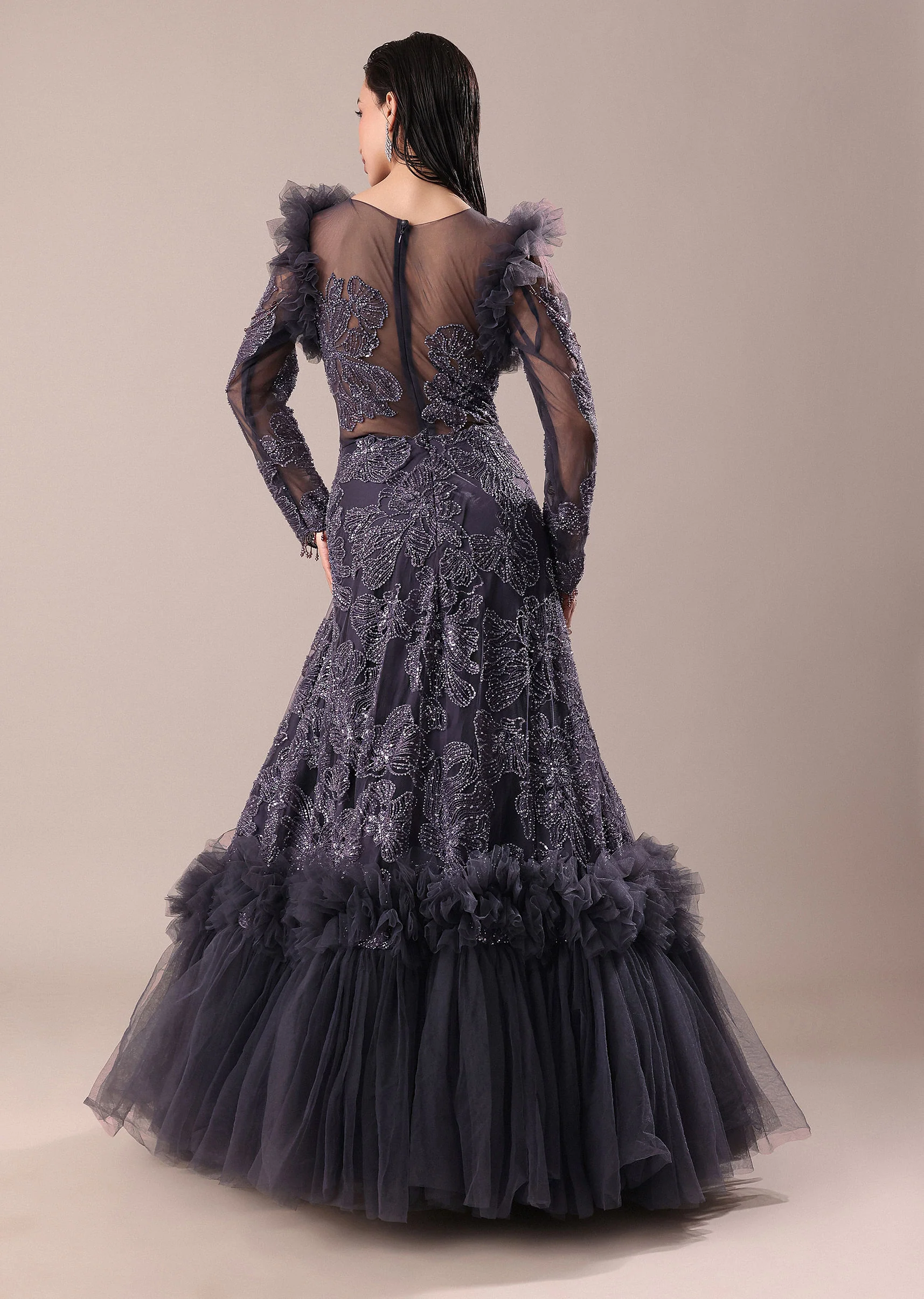 Dark Purple Embroidered Fancy Ruffle Gown Kalki - Image 6