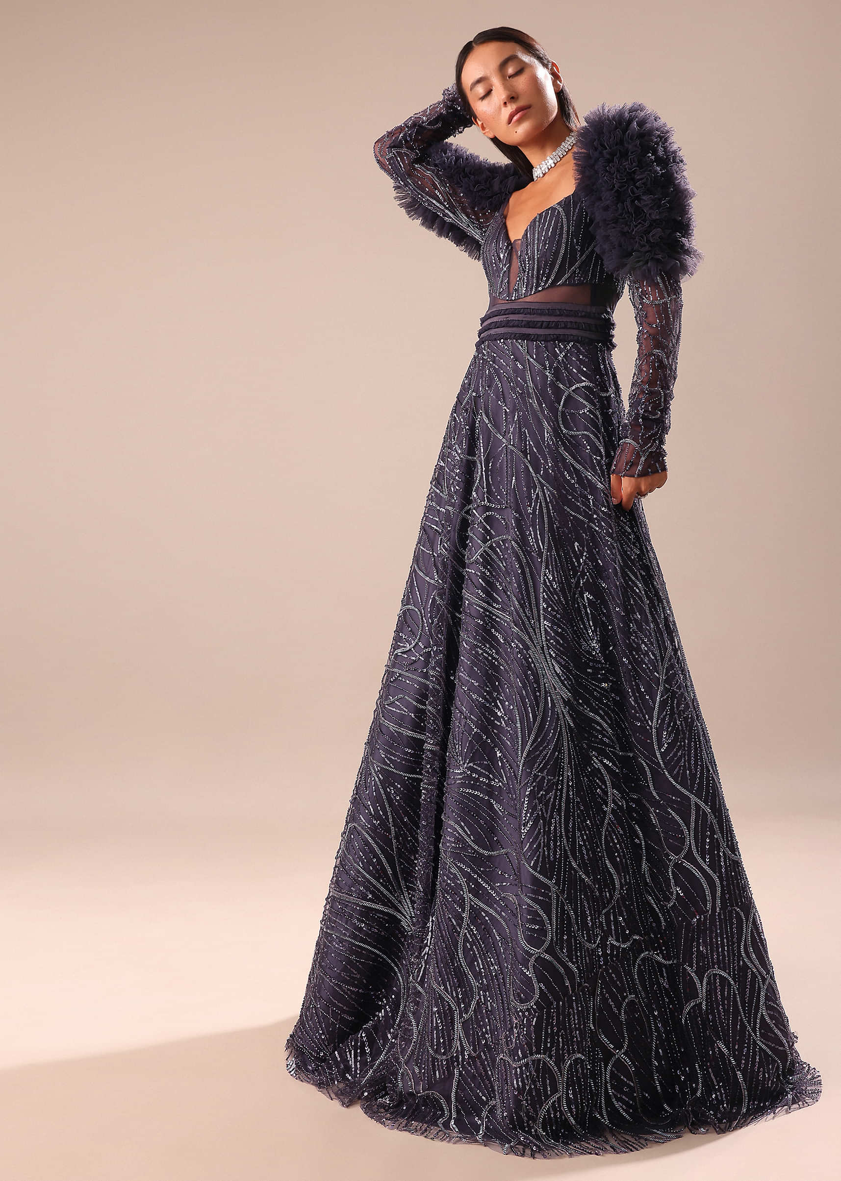 Dark Purple Fancy Embroidered Gown - Image 2