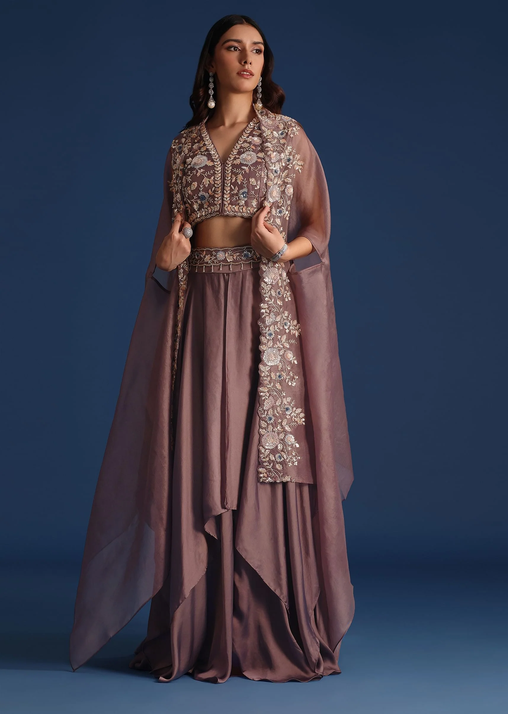 Dark Purple Jacket With Sequin Crop Top And Skirt - Image 3