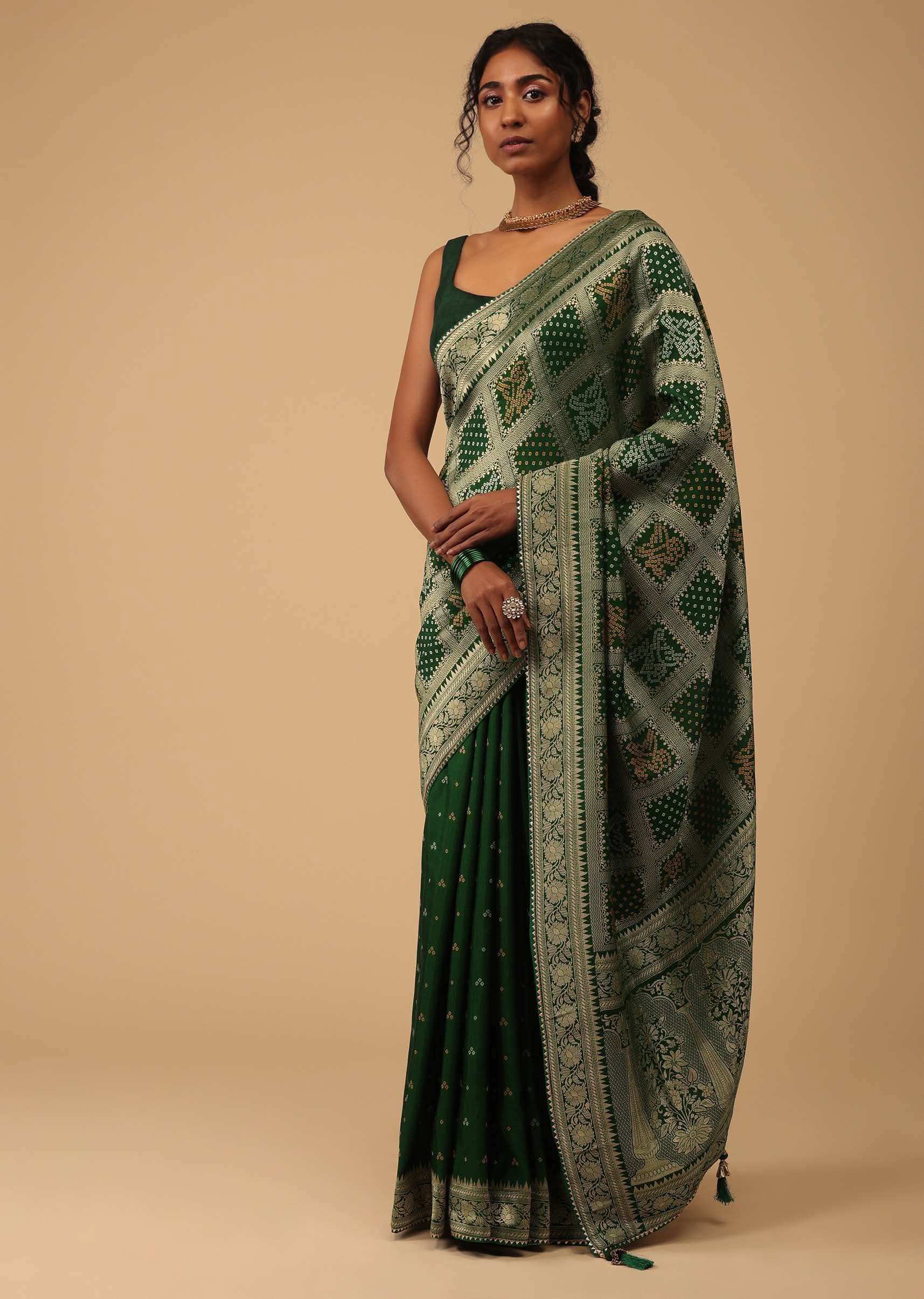 Deep Green Dola Silk Banarasi Saree With Bandhani Waeve - Image 4