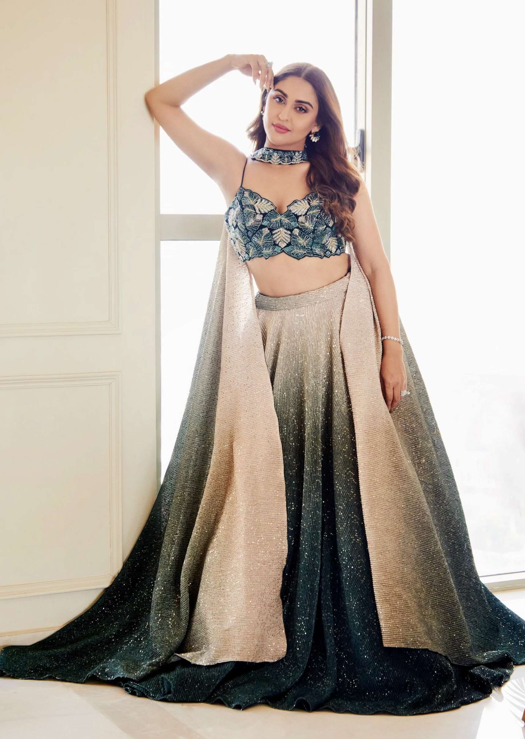 Deep Green Ombre And Gold Embroidered Lehenga Set With Sequins Embroidery - Image 6