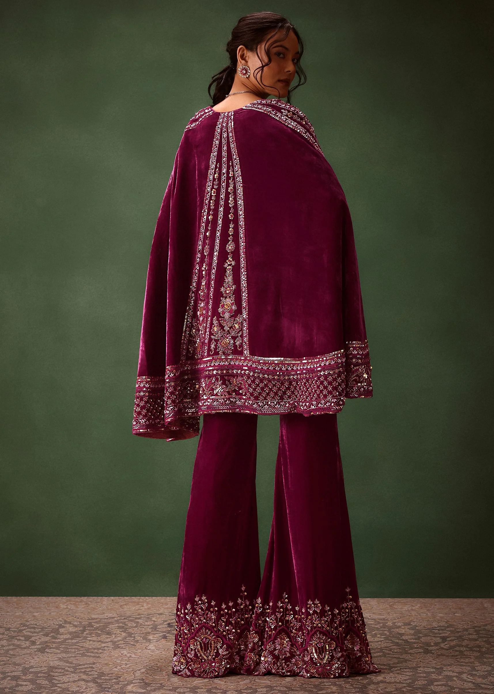Deep Magenta Velvet Brocade Cape Jacket Suit - Image 6